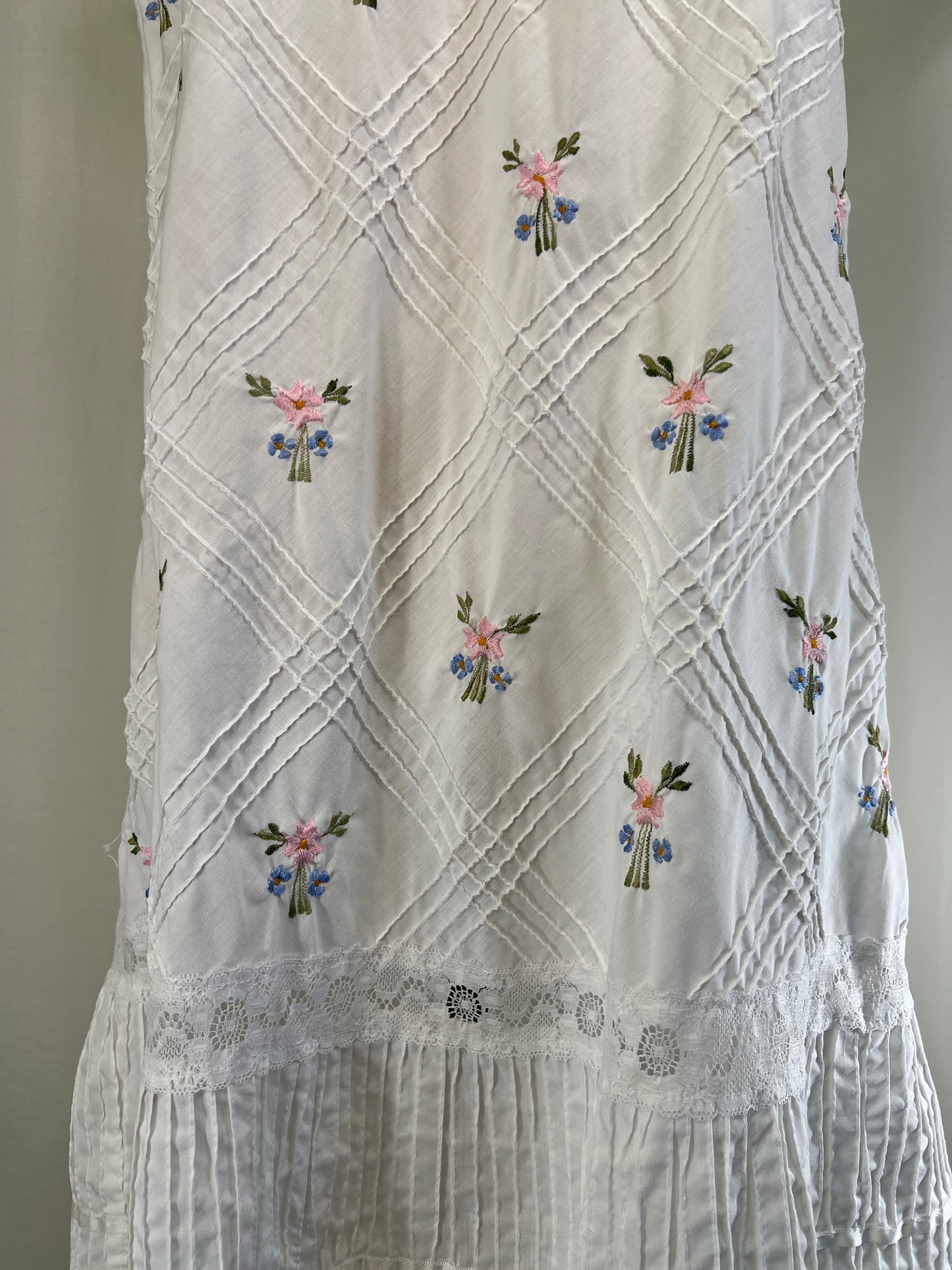 70s Floral Embroidery and Pintucks White Sundress