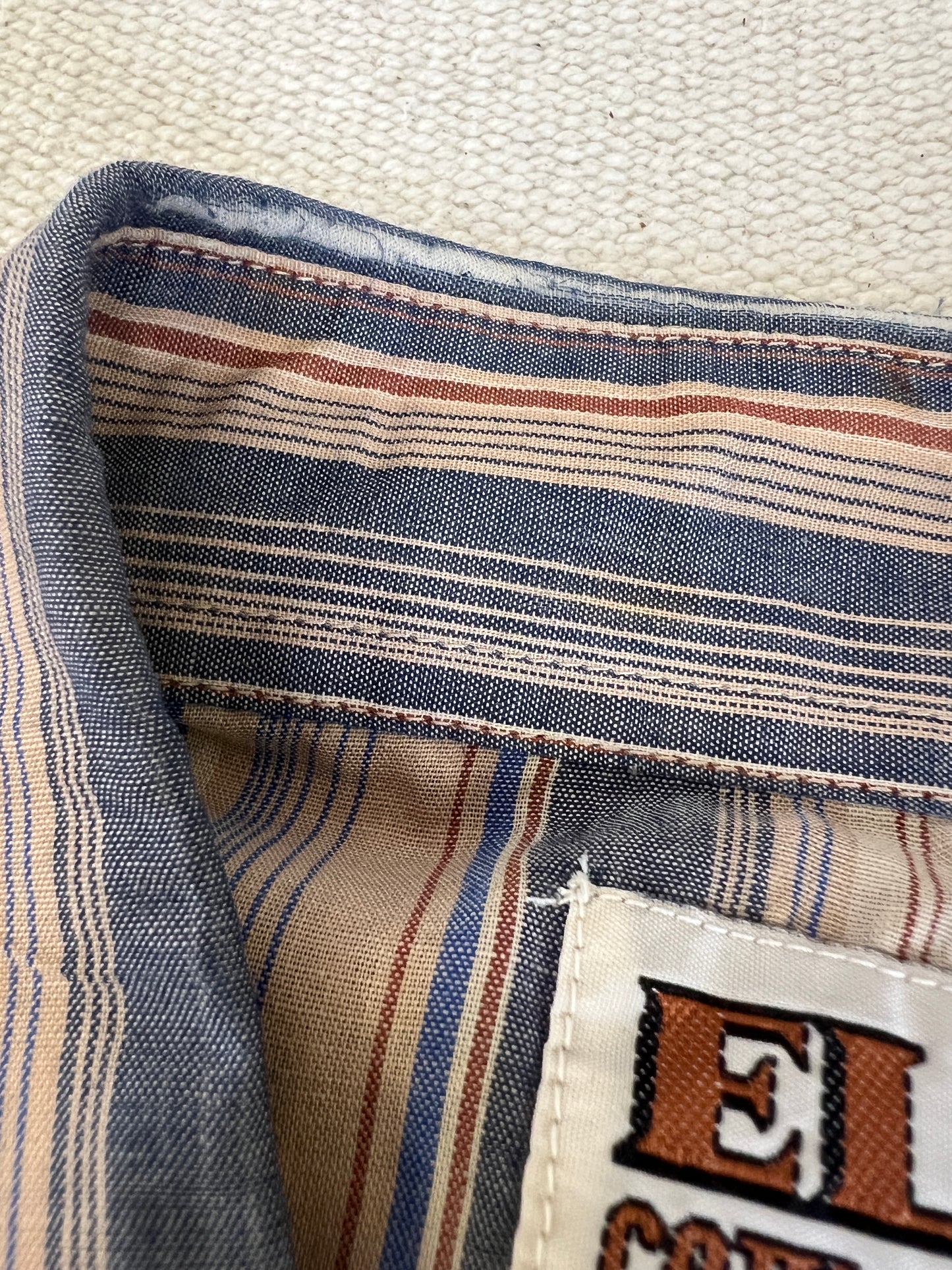 80s Ely Cattleman Brown and Blue Striped Pearl Snap Western Shirt
