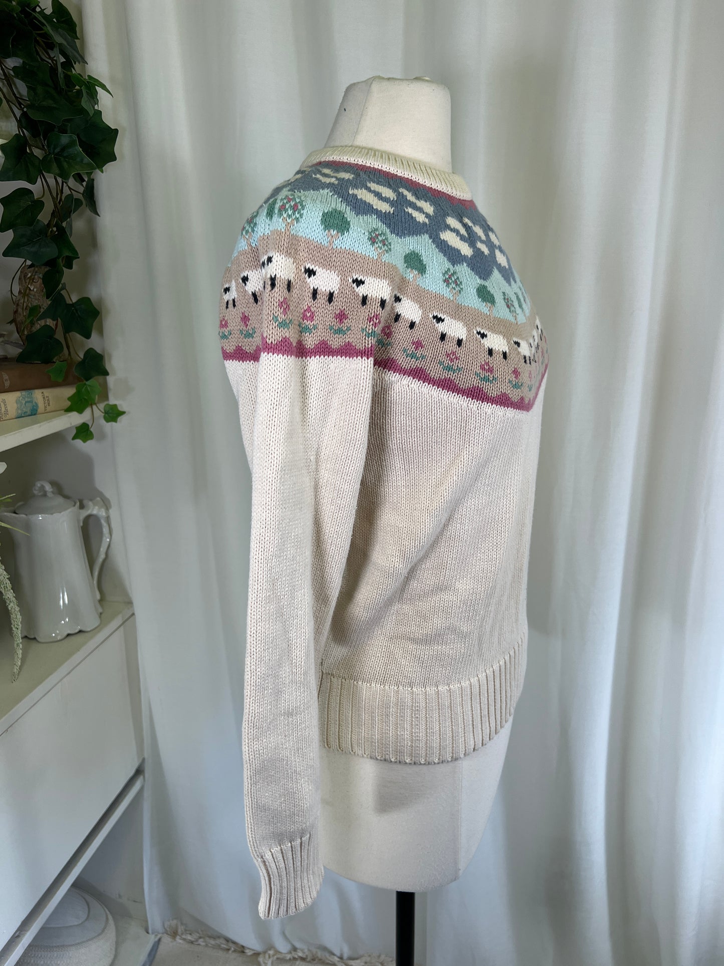 90s Eddie Bauer Sheep and Trees patterned Cream Sweater