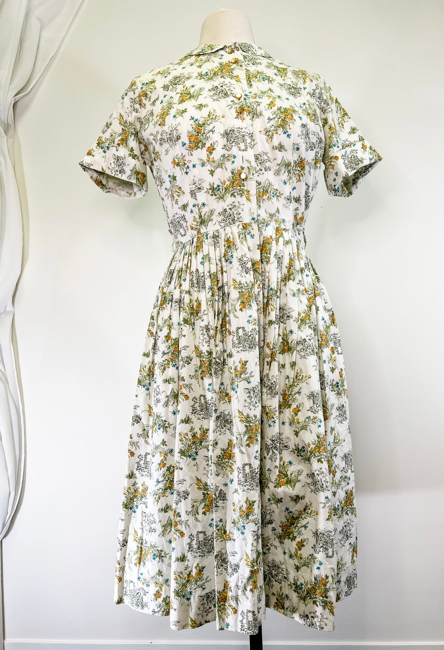 50s Green Toile Print Shirtwaist Dress