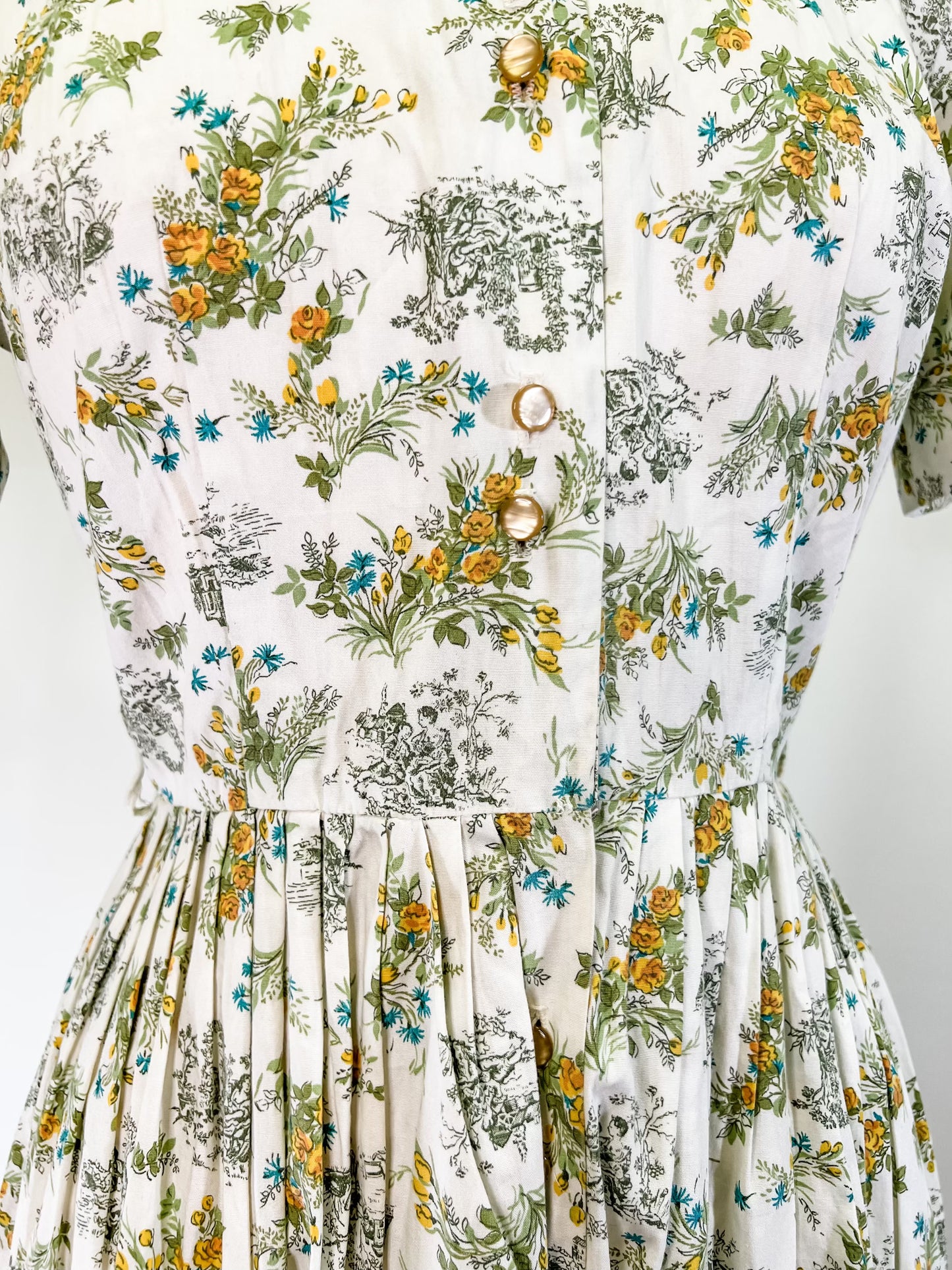 50s Green Toile Print Shirtwaist Dress