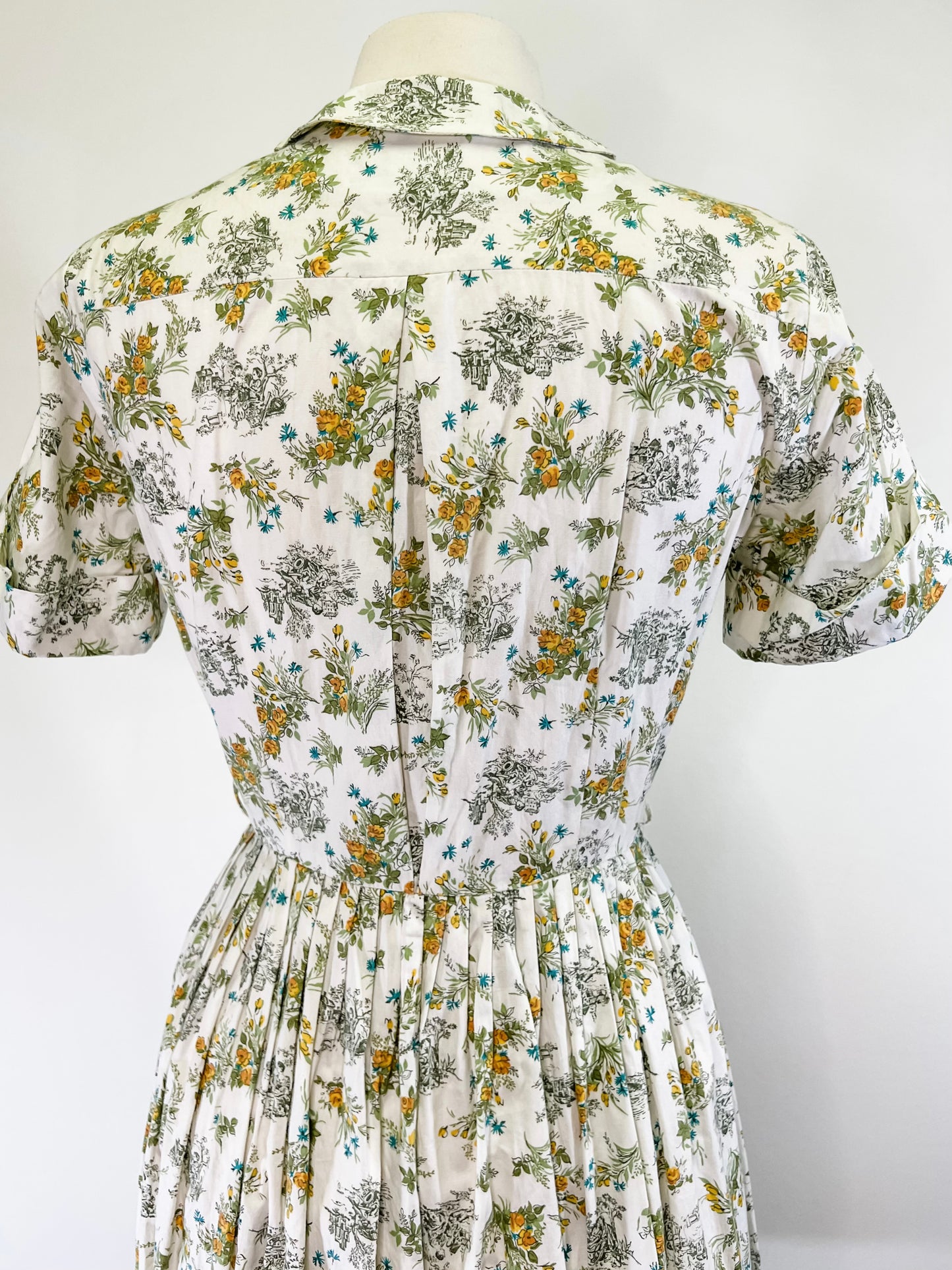 50s Green Toile Print Shirtwaist Dress