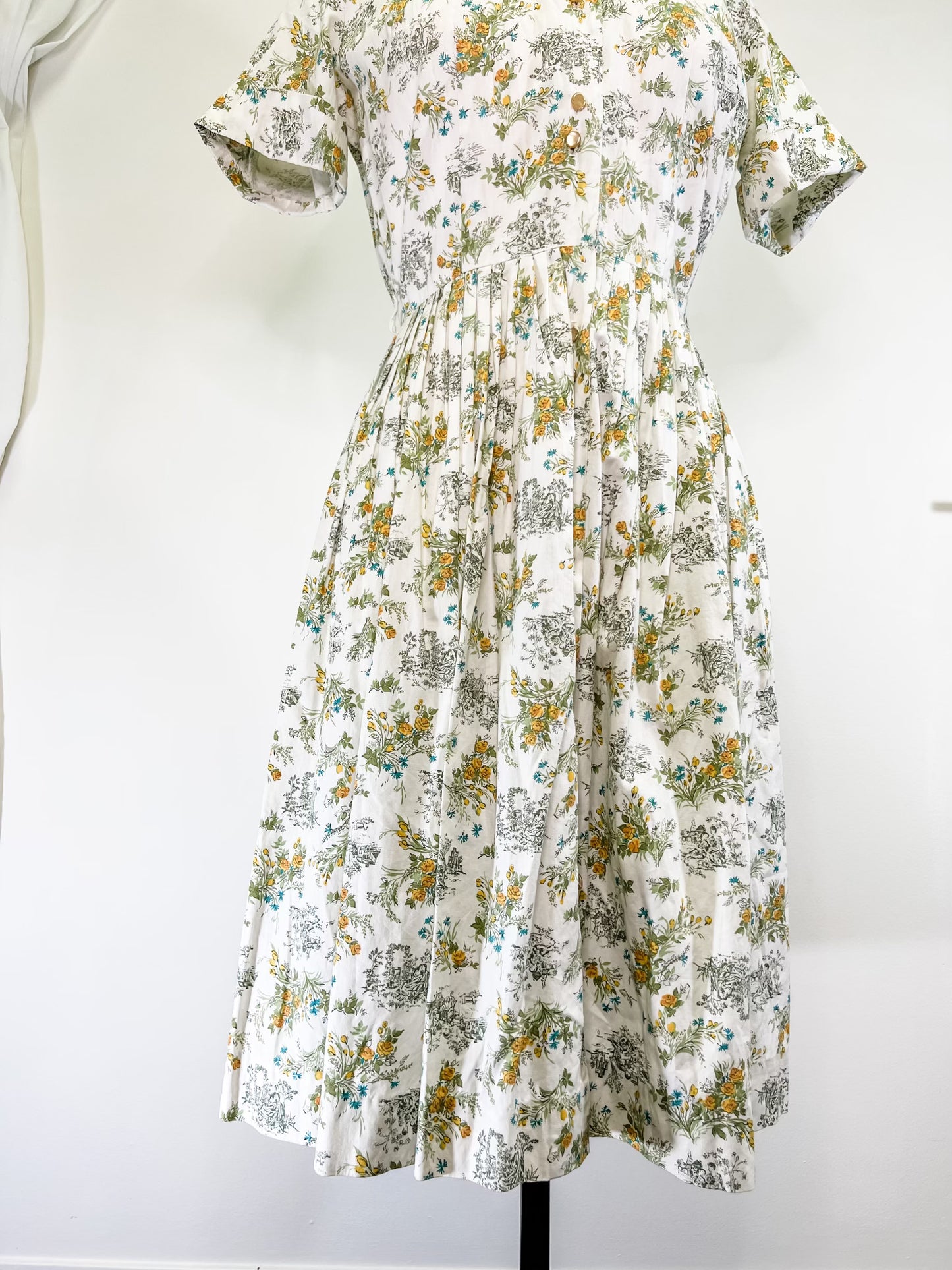 50s Green Toile Print Shirtwaist Dress