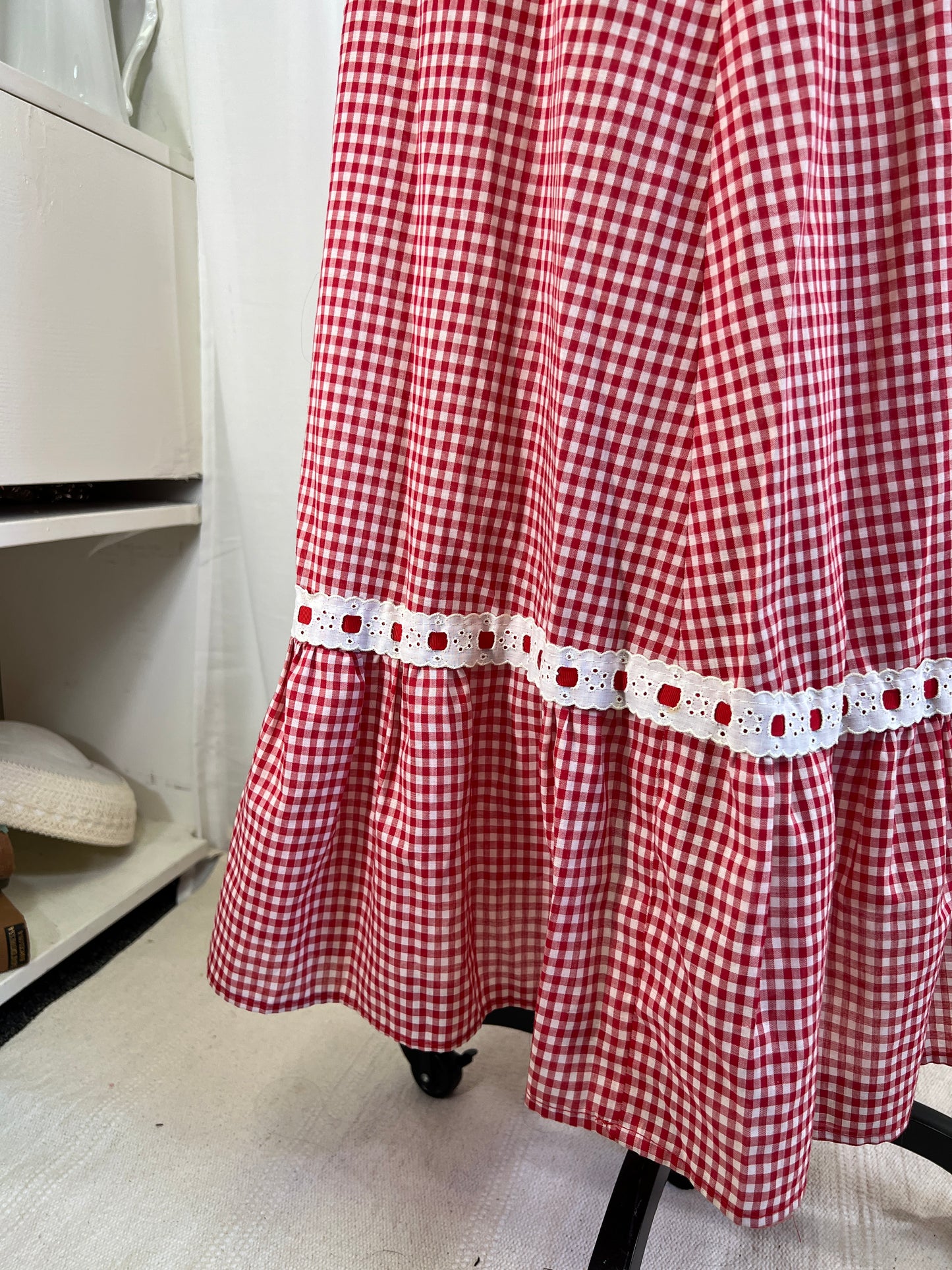 70s Red Gingham and Bows Maxi Skirt