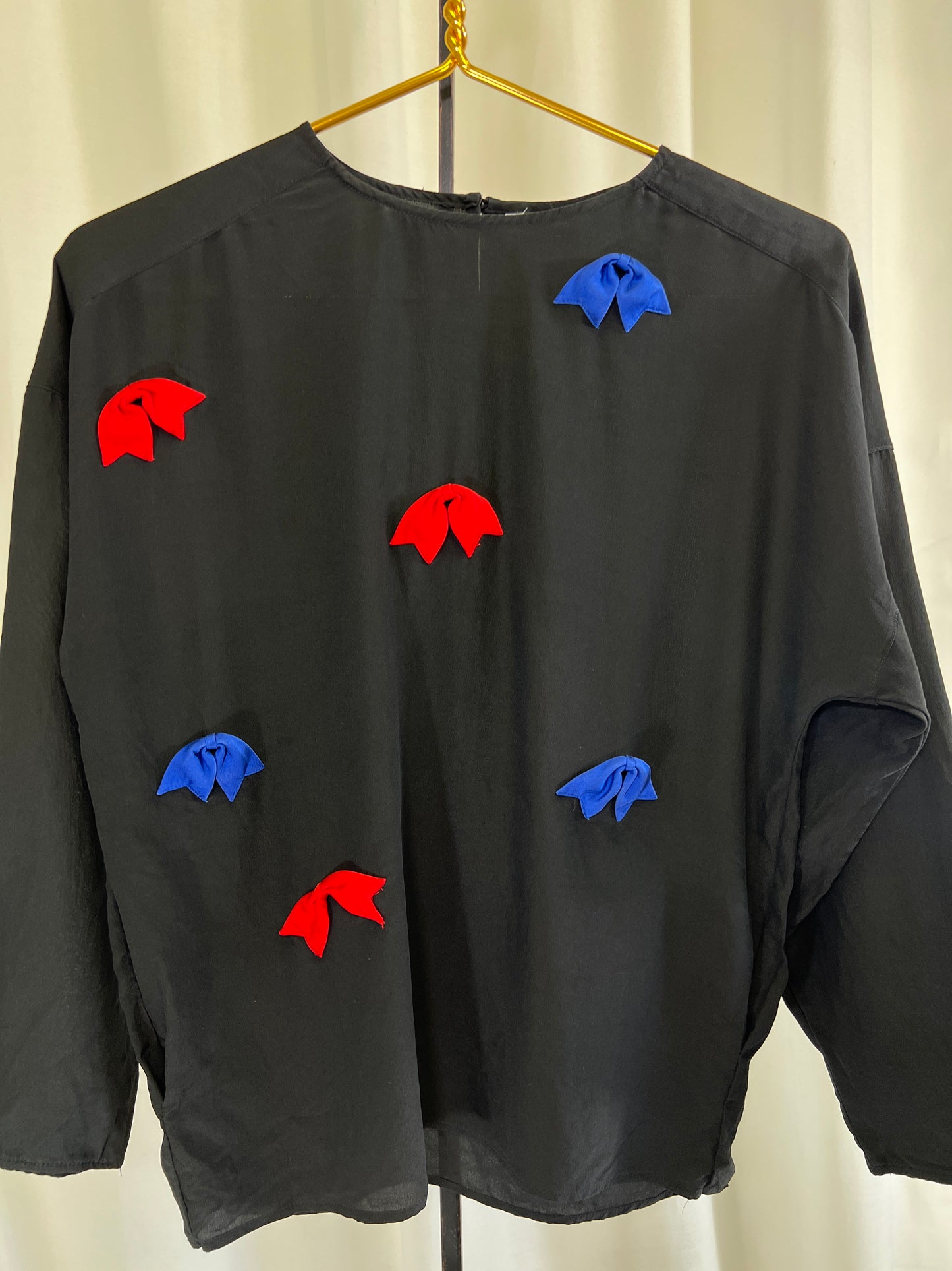 80s Silk Black Blouse with Red and Blue Bow Appliqués