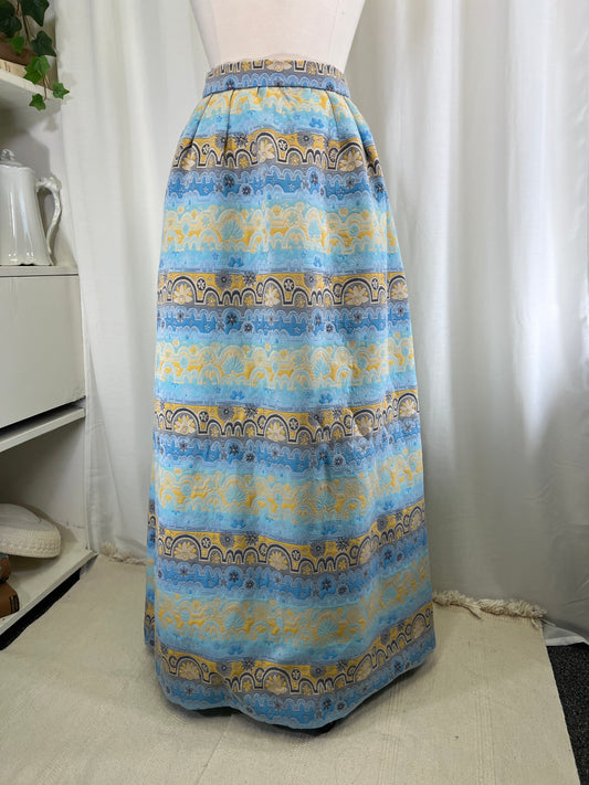 60s Blue and Yellow Abstract Sunny Floral Maxi Skirt