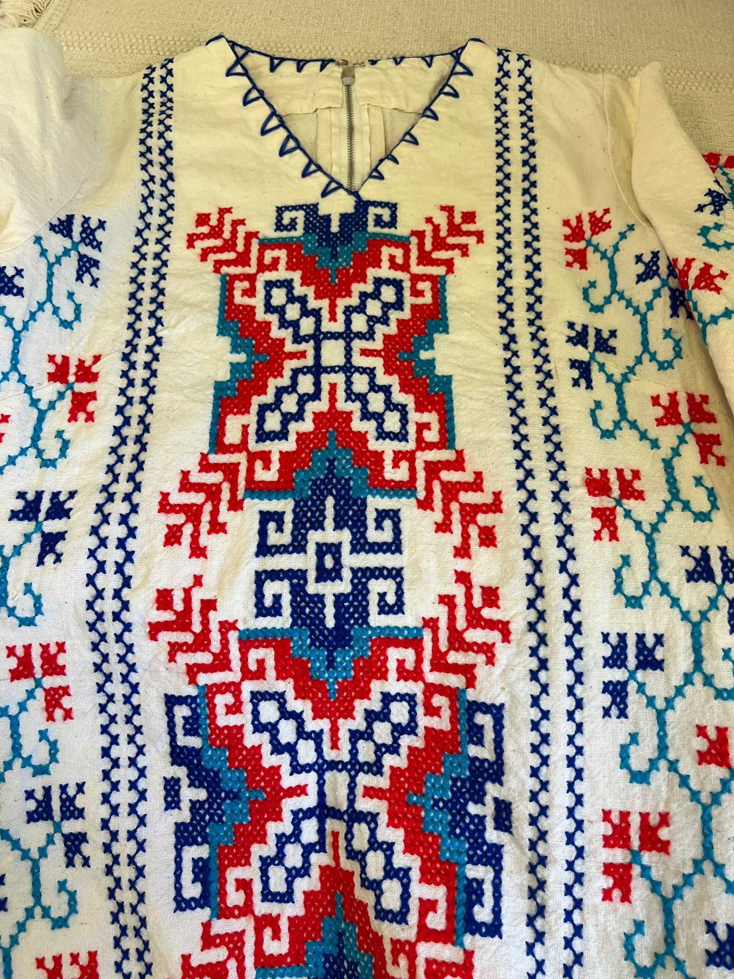 60s Red White and Blue Cross-stitched Bell Sleeved Dress