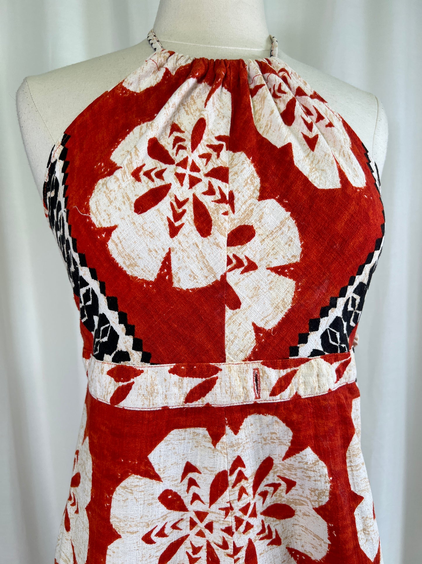 70s Hawaiian Print Halter Neck Red Wrap Dress