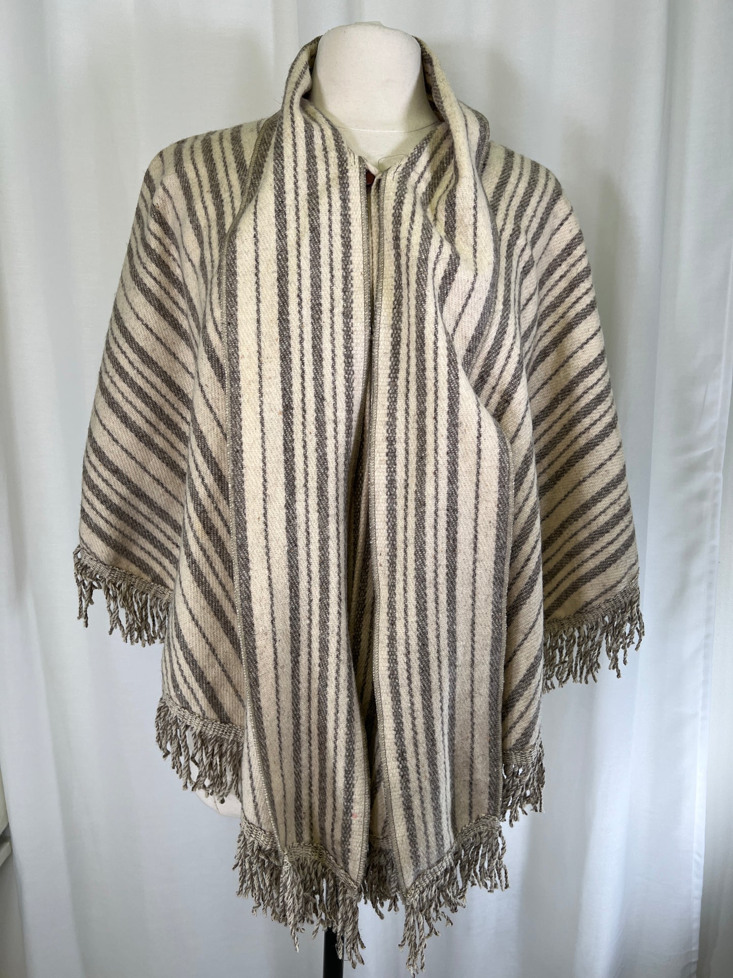 70s Cream and Grey Striped Round Wool Cape Poncho