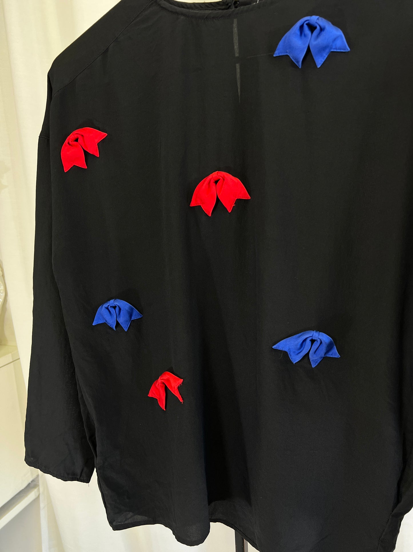 80s Silk Black Blouse with Red and Blue Bow Appliqués