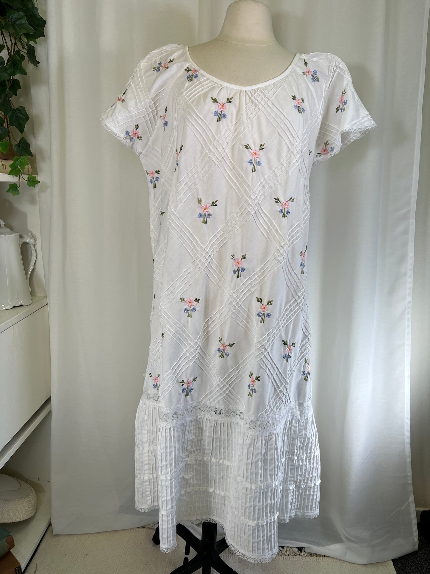 70s Floral Embroidery and Pintucks White Sundress