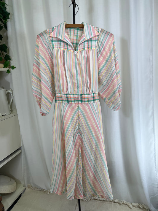 70s Pastel Stripes and Plaids Puffy Dolman Sleeve Mini Dress