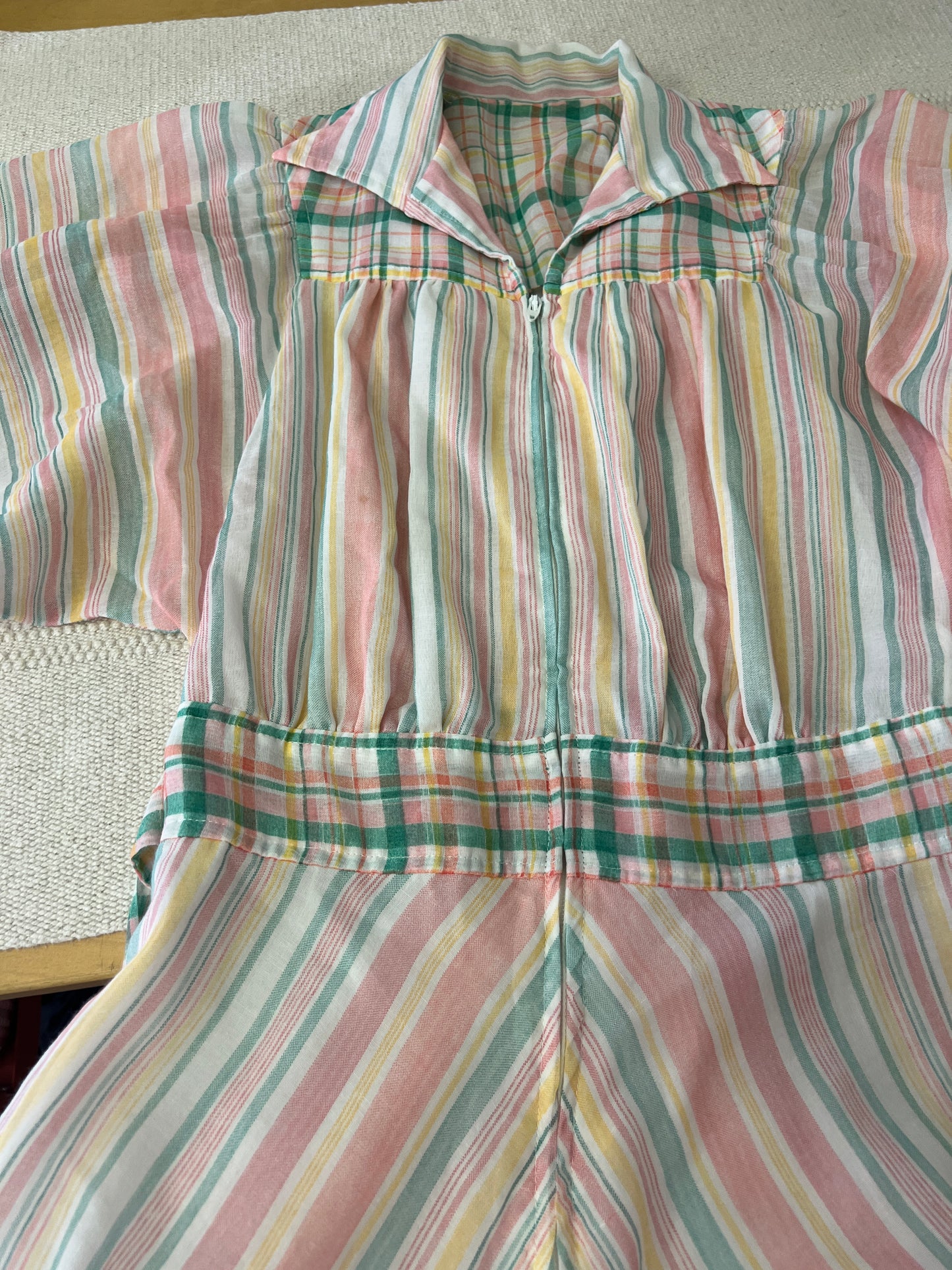 70s Pastel Stripes and Plaids Puffy Dolman Sleeve Mini Dress