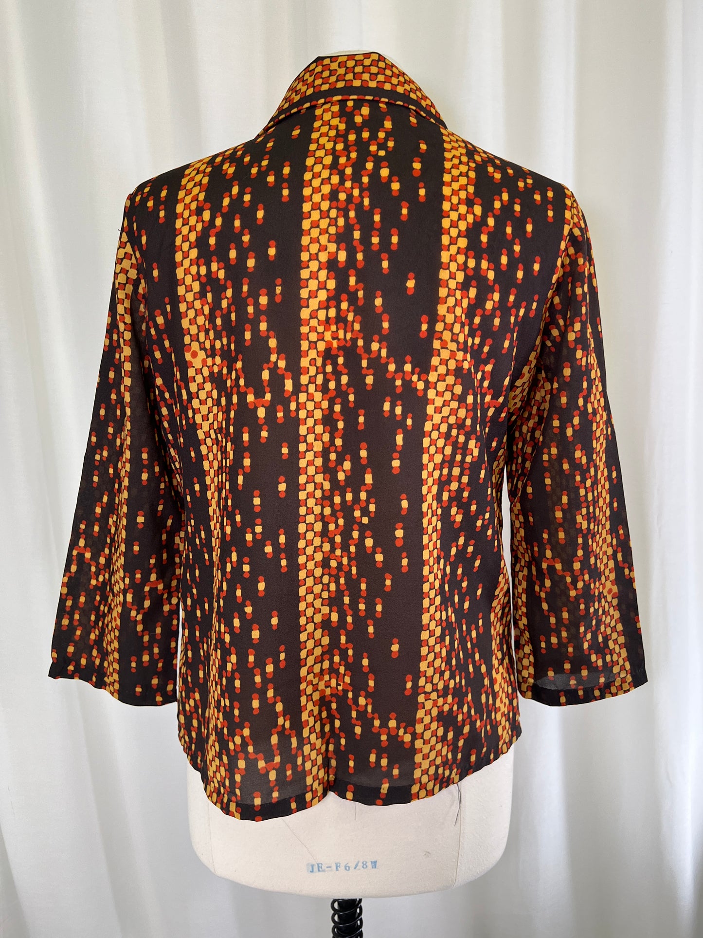 70s Alex Colman Abstract Brown and Orange Dagger Collar Blouse