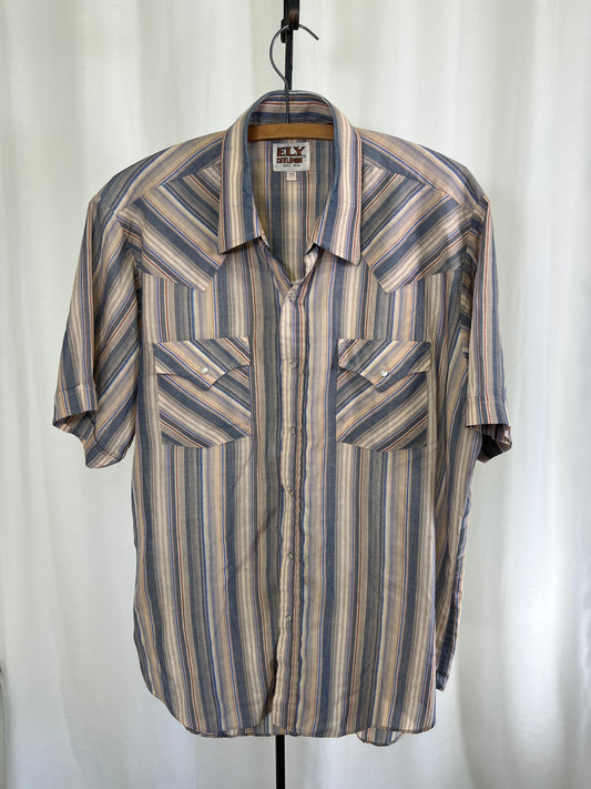 80s Ely Cattleman Brown and Blue Striped Pearl Snap Western Shirt