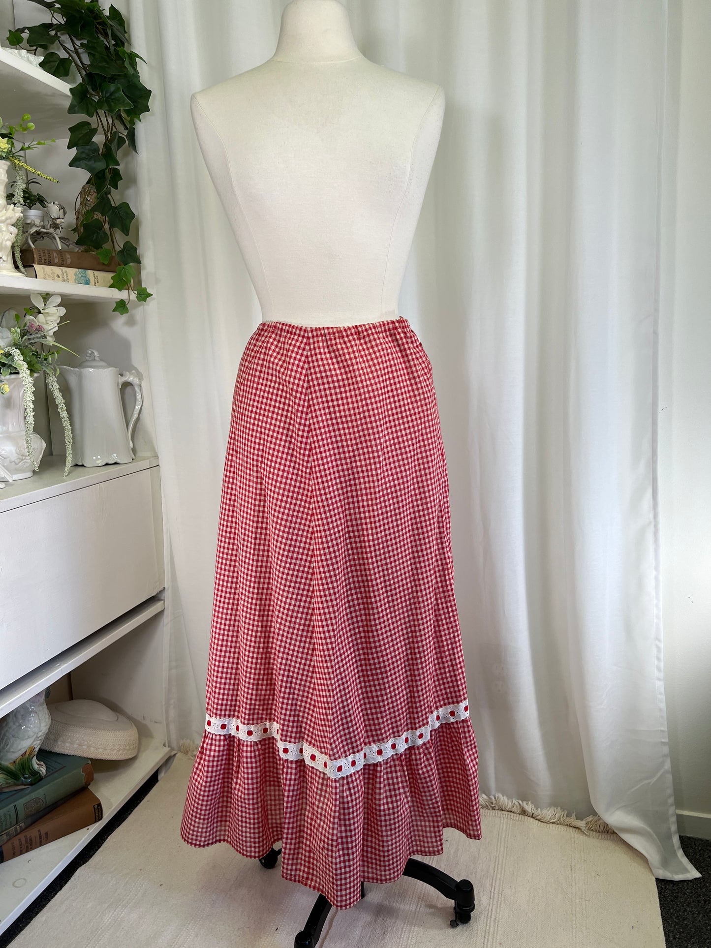 70s Red Gingham and Bows Maxi Skirt