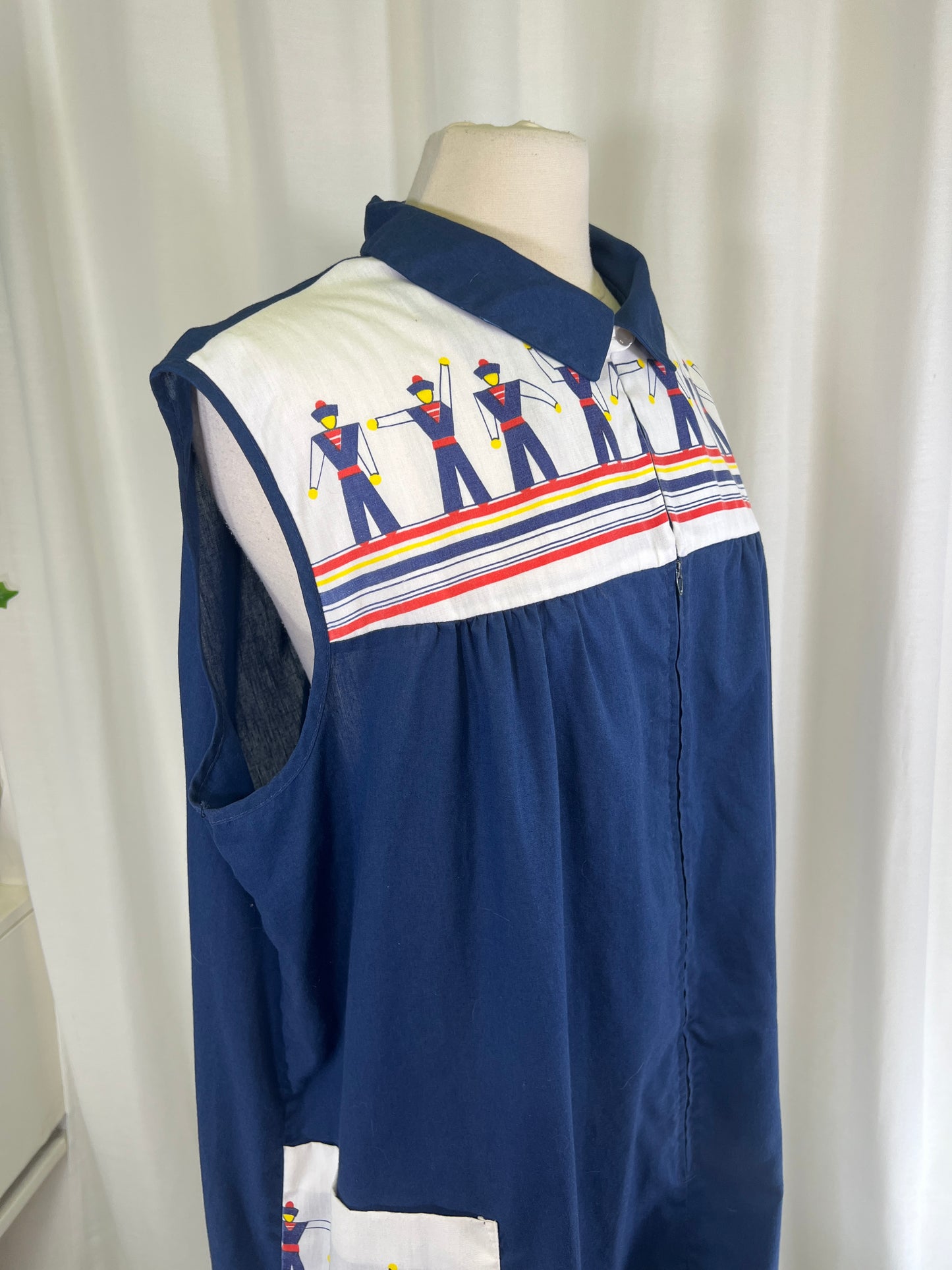 70s Navy Blue Sailor Print Zipper Front House Dress