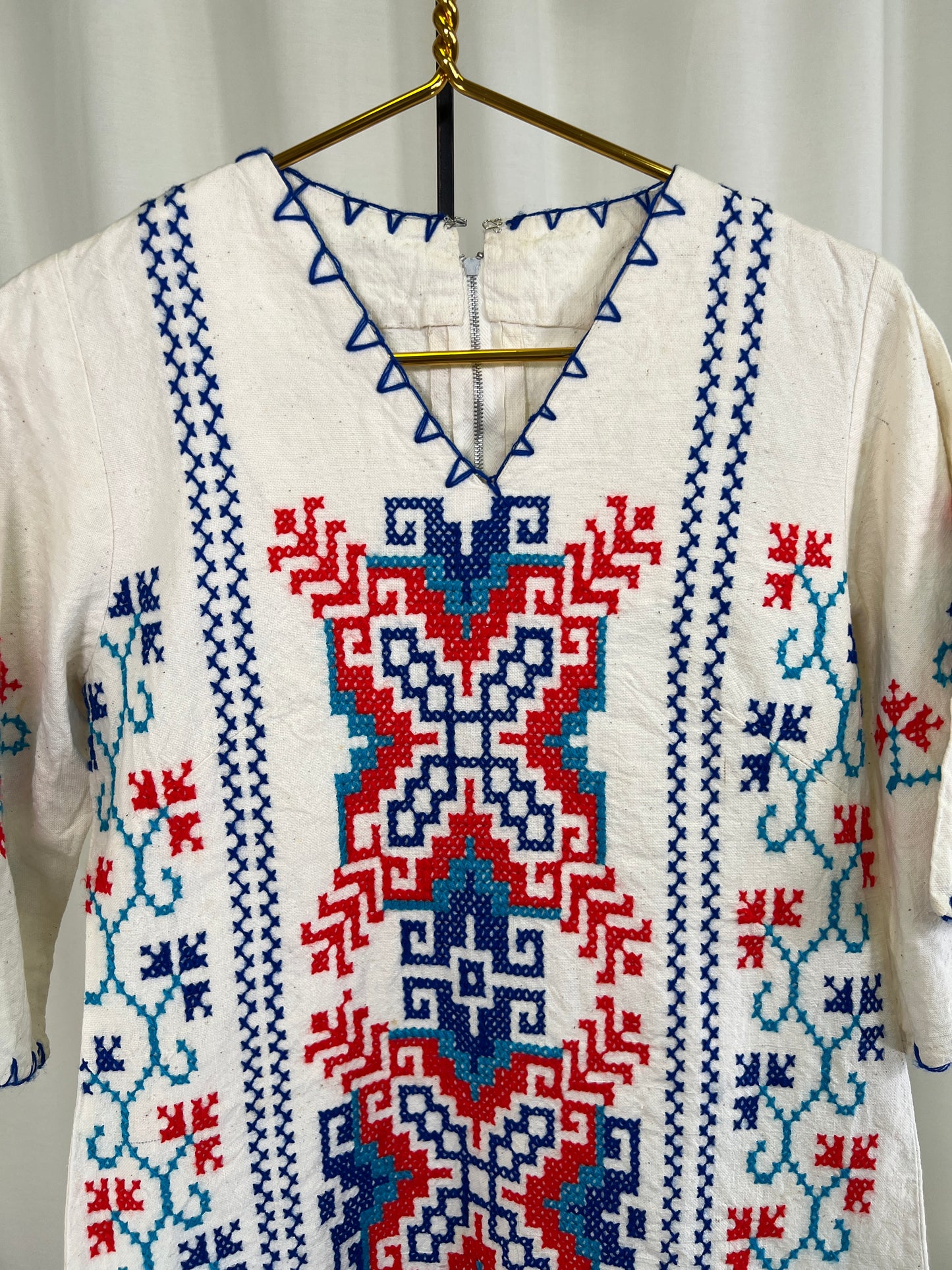 60s Red White and Blue Cross-stitched Bell Sleeved Dress