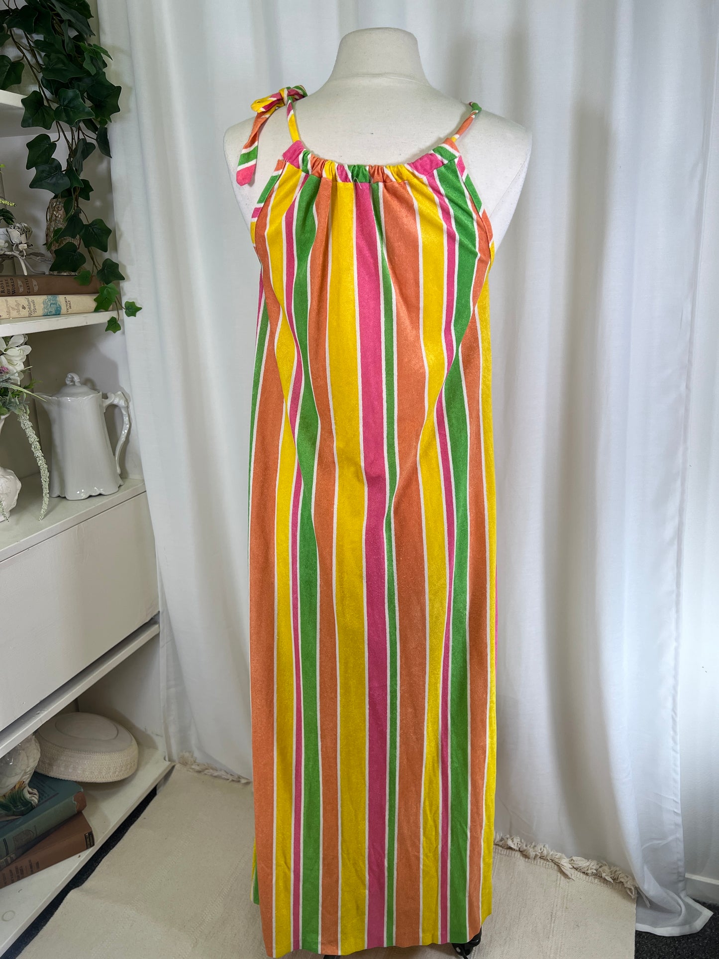 70s Terry Cloth Style Rainbow Candy Striped Maxi Dress