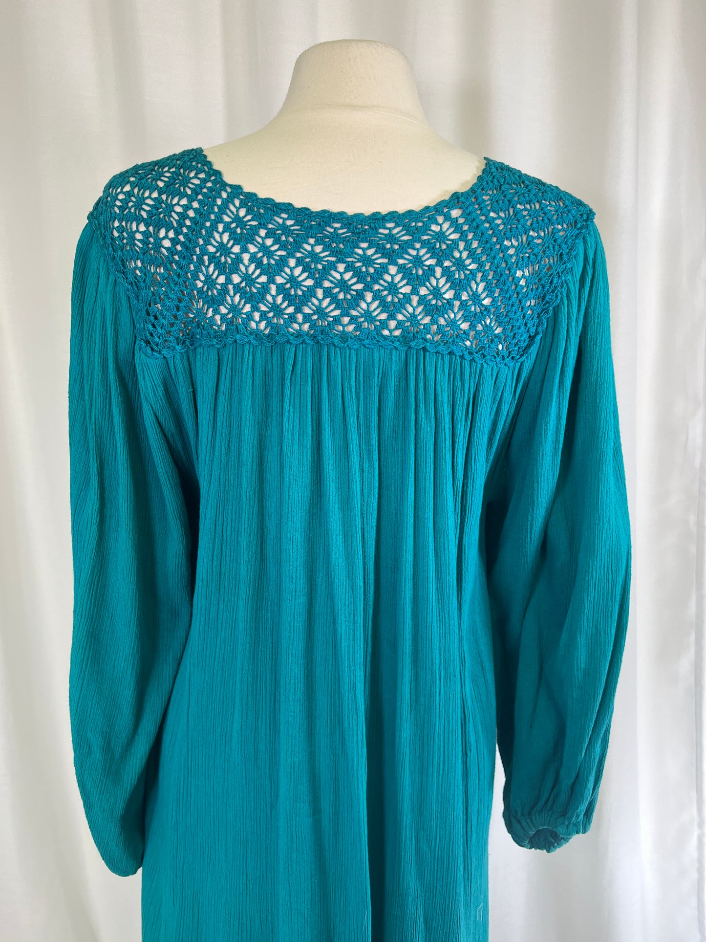 70s Teal Bila Crochet Top Cotton Gauze Maxi Dress