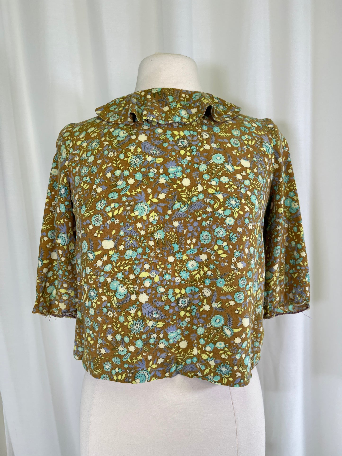 60s Moss Green Ditzy Floral Ruffle Neck Blouse