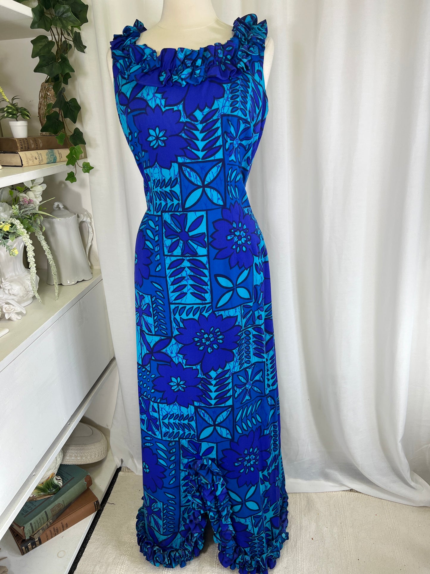 60s Blue Hawaiian Print Dress