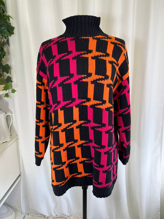 80s New Frontier Neon Orange and Pink Alternating Houndstooth Sweater