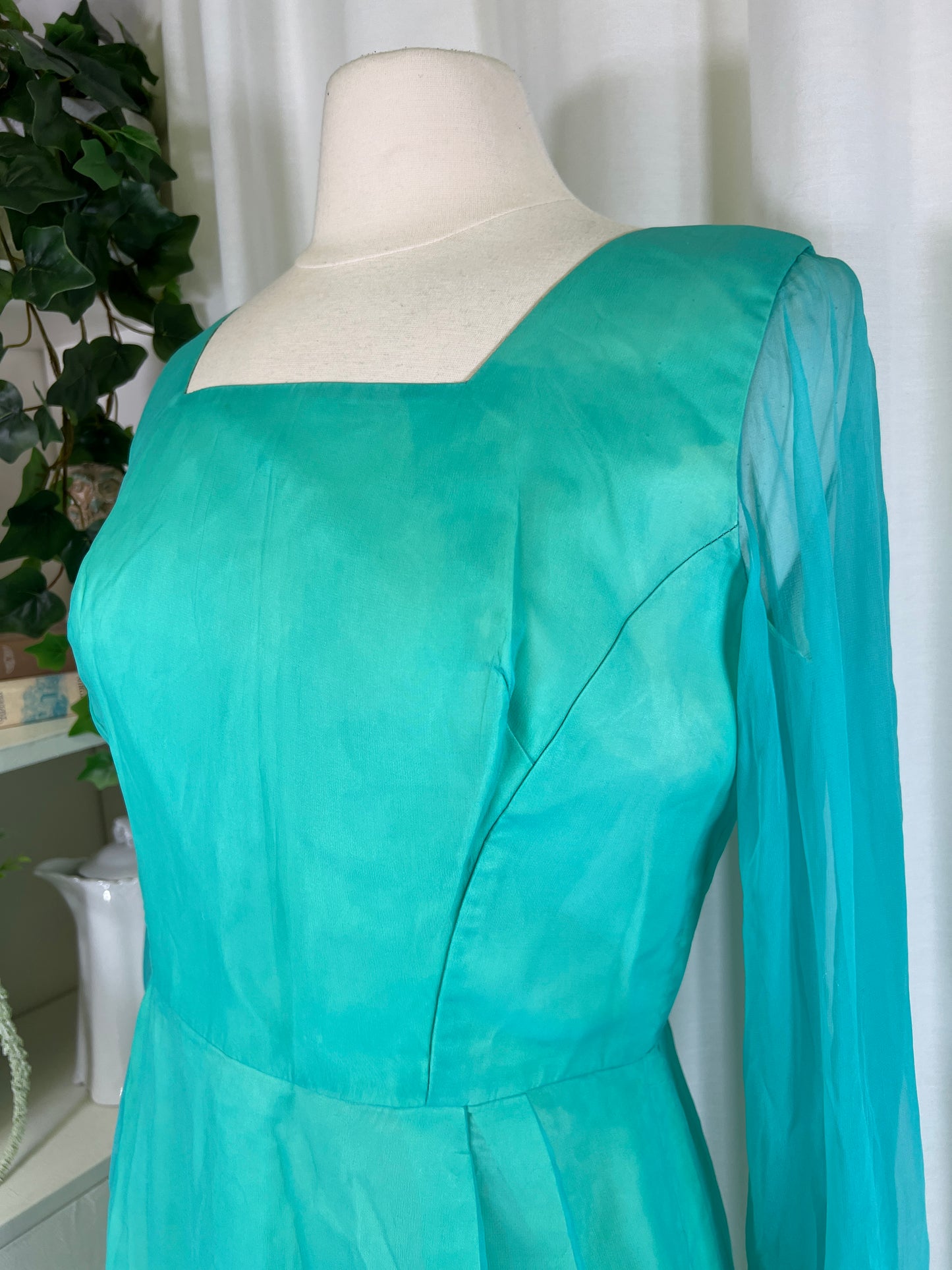 60s Aqua Sheer Sleeved Mini Party Dress