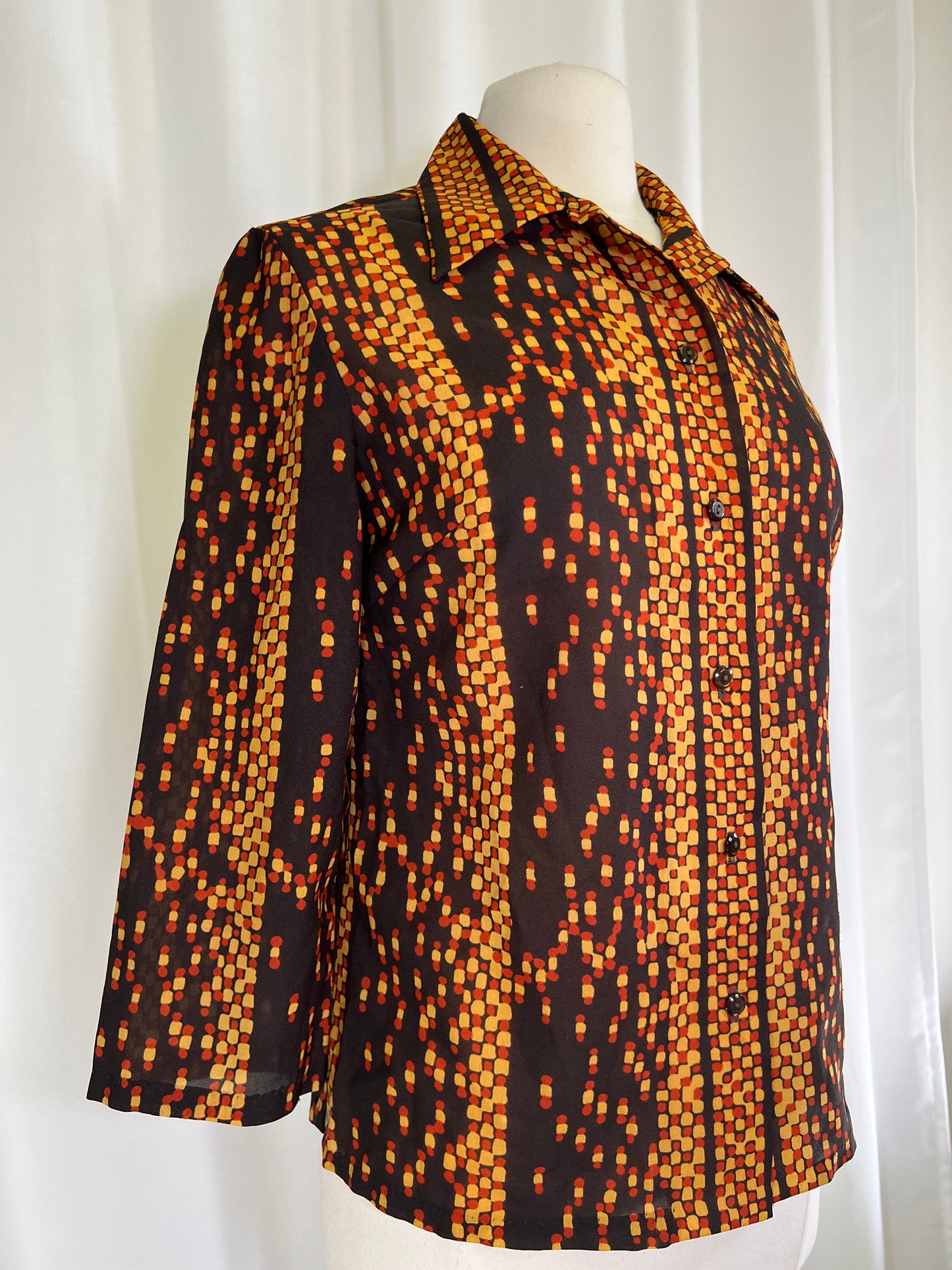 70s Alex Colman Abstract Brown and Orange Dagger Collar Blouse