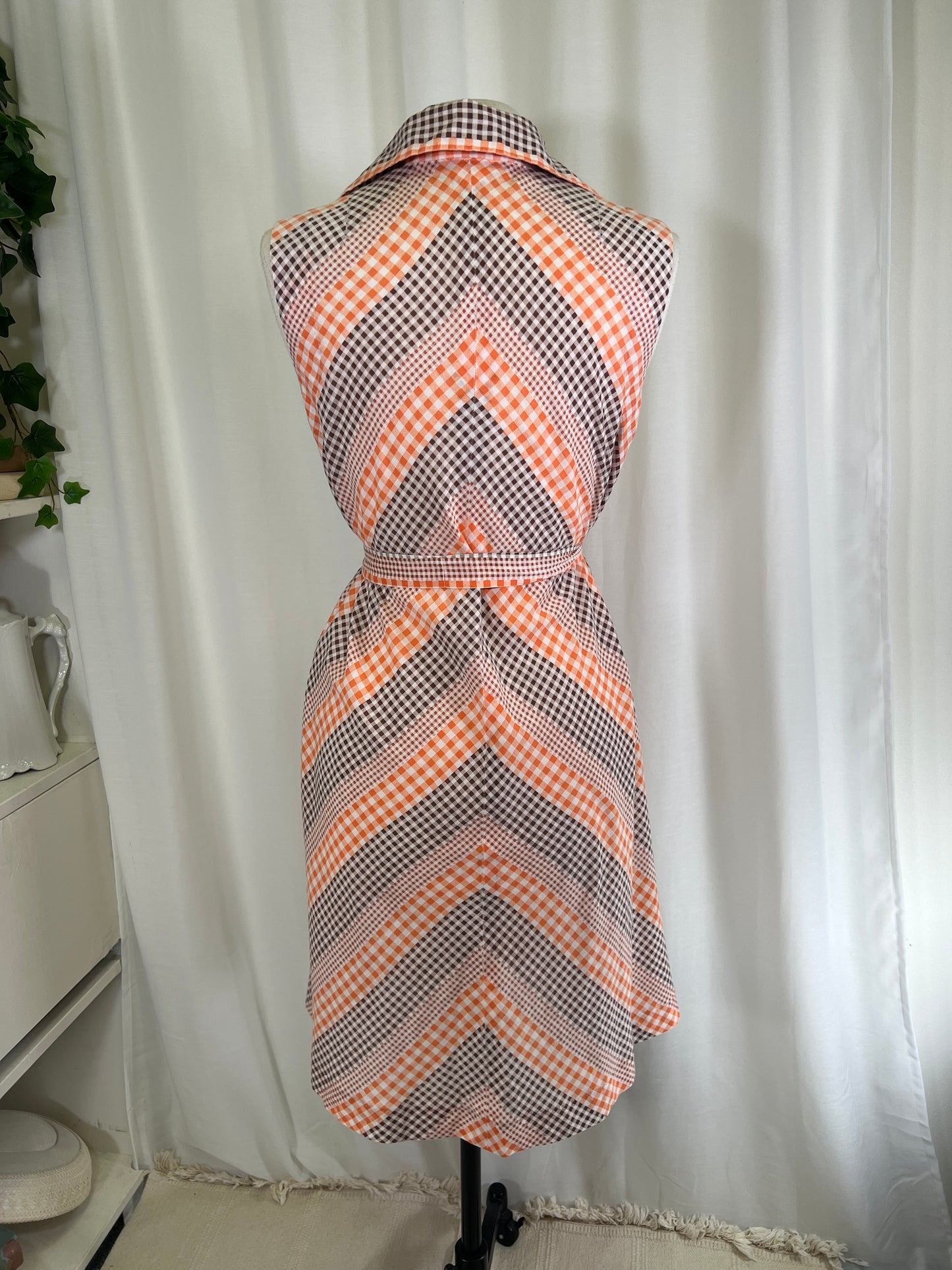 60s Brown and Orange Gingham Chevron House Dress