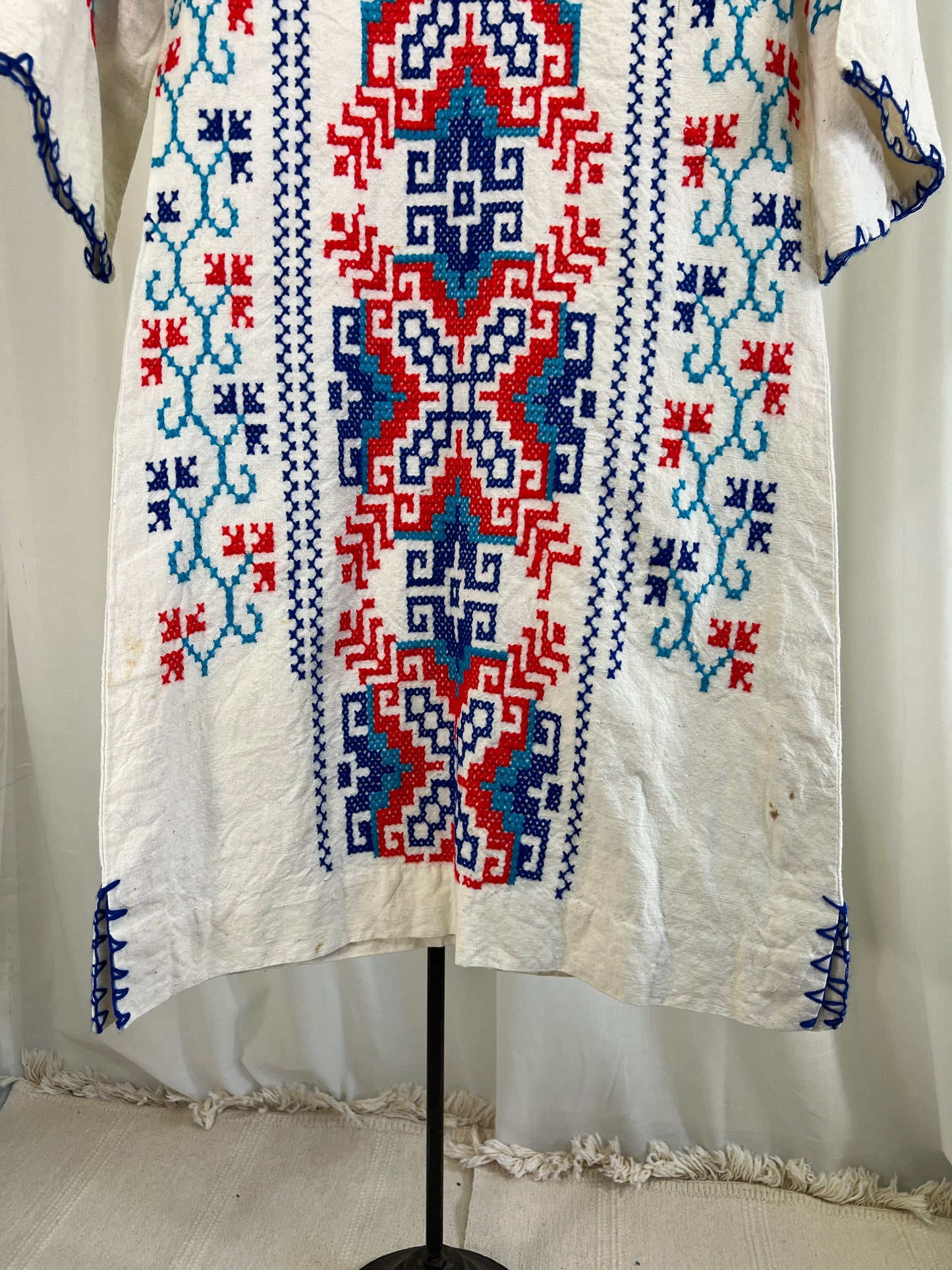 60s Red White and Blue Cross-stitched Bell Sleeved Dress