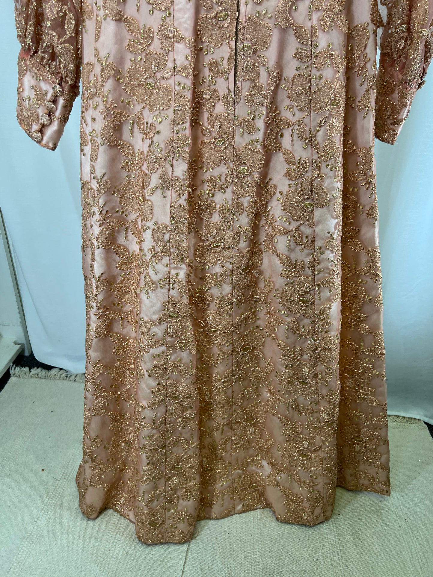 60s Handmade Pink and Gold Lamé Floral Embroidered Maxi Gown