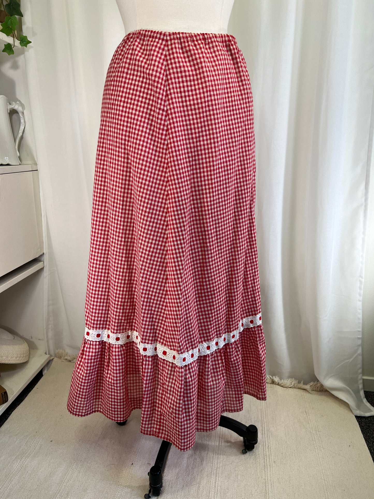 70s Red Gingham and Bows Maxi Skirt