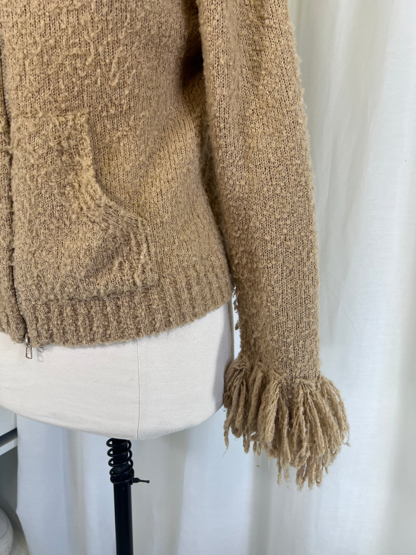 90s Sisters Wool Blend Cream Fringed Zip-up Sweater