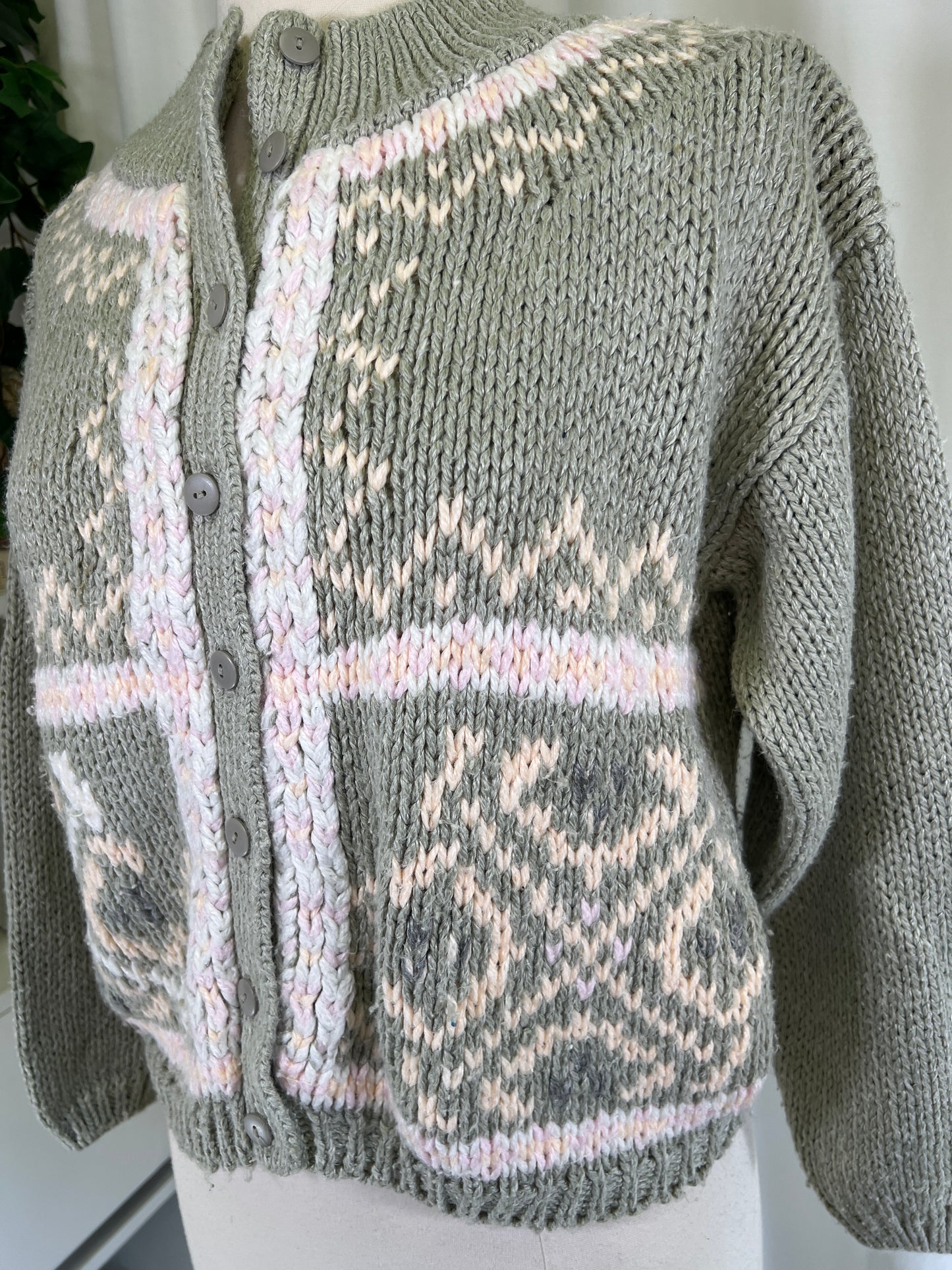 80s Jamie Scott Hand Knit Pink and Grey Cardigan