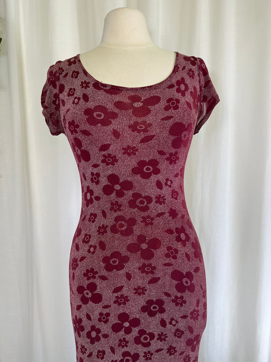 90s Timing Slinky Maroon Floral Daisy Dress