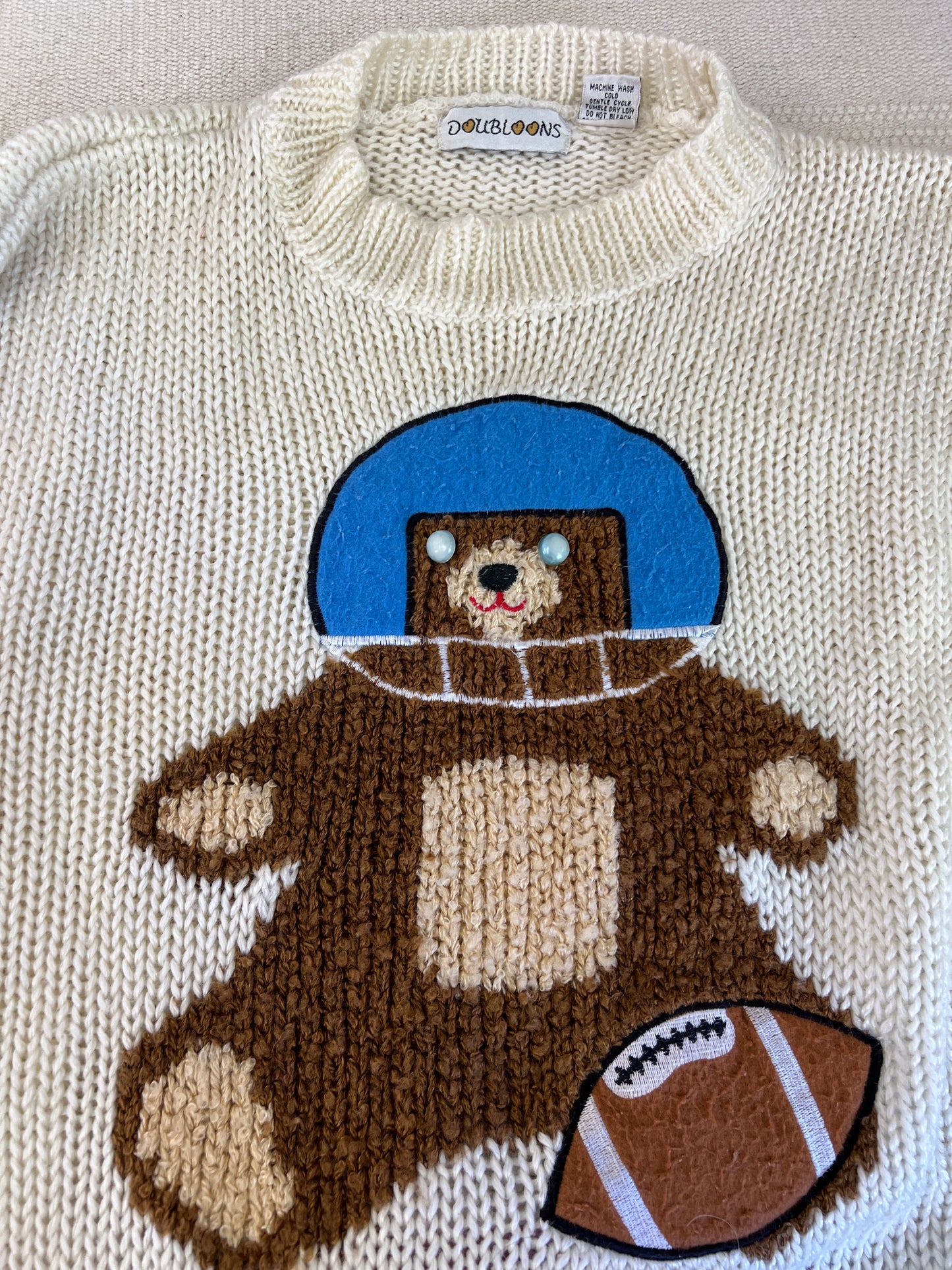 90s Doubloons Football Teddybear Knit Cream Sweater