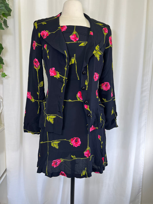 90s Betsey Johnson Long Stem Red Roses Print Mini Dress and Jacket Set