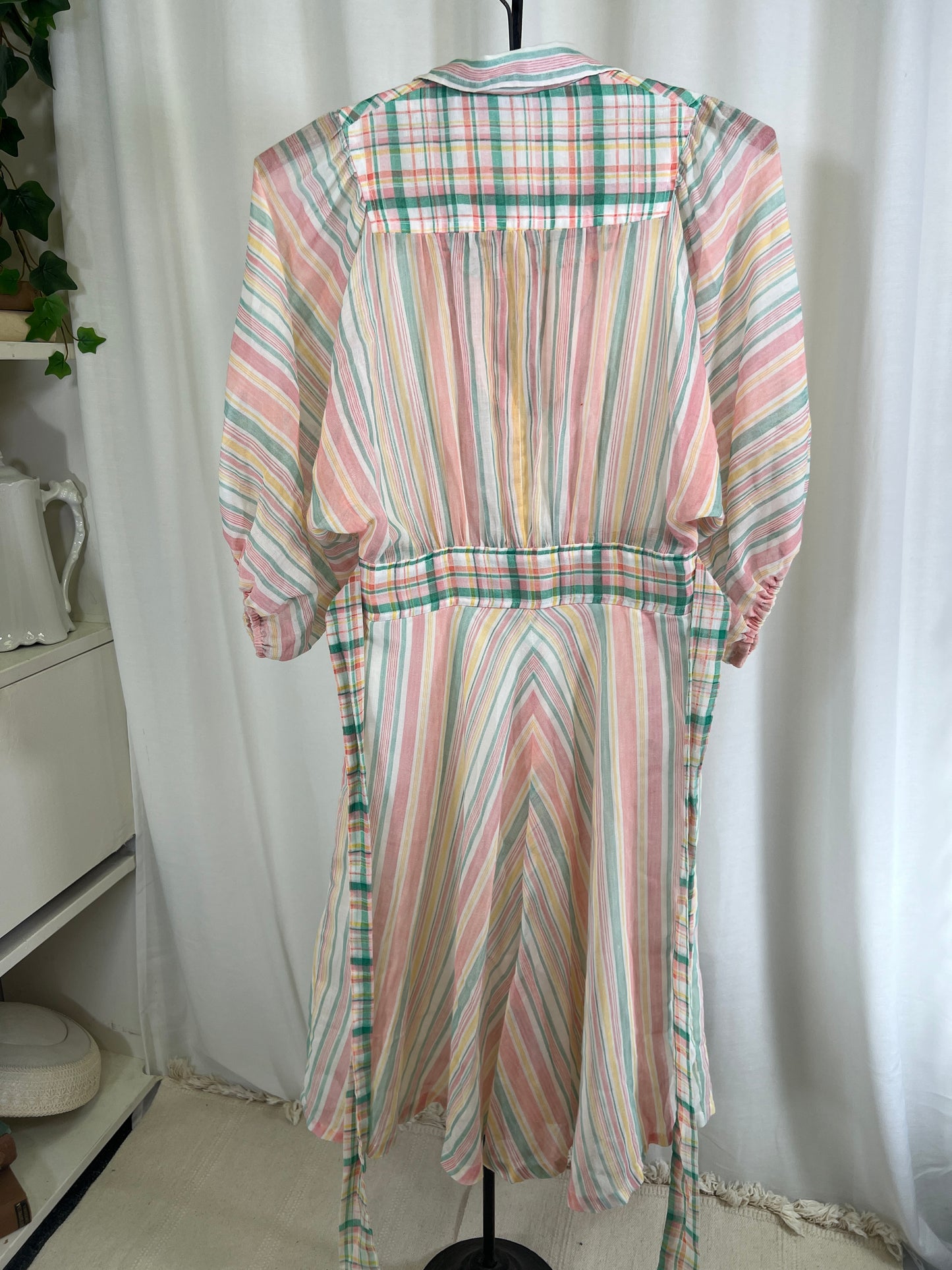 70s Pastel Stripes and Plaids Puffy Dolman Sleeve Mini Dress