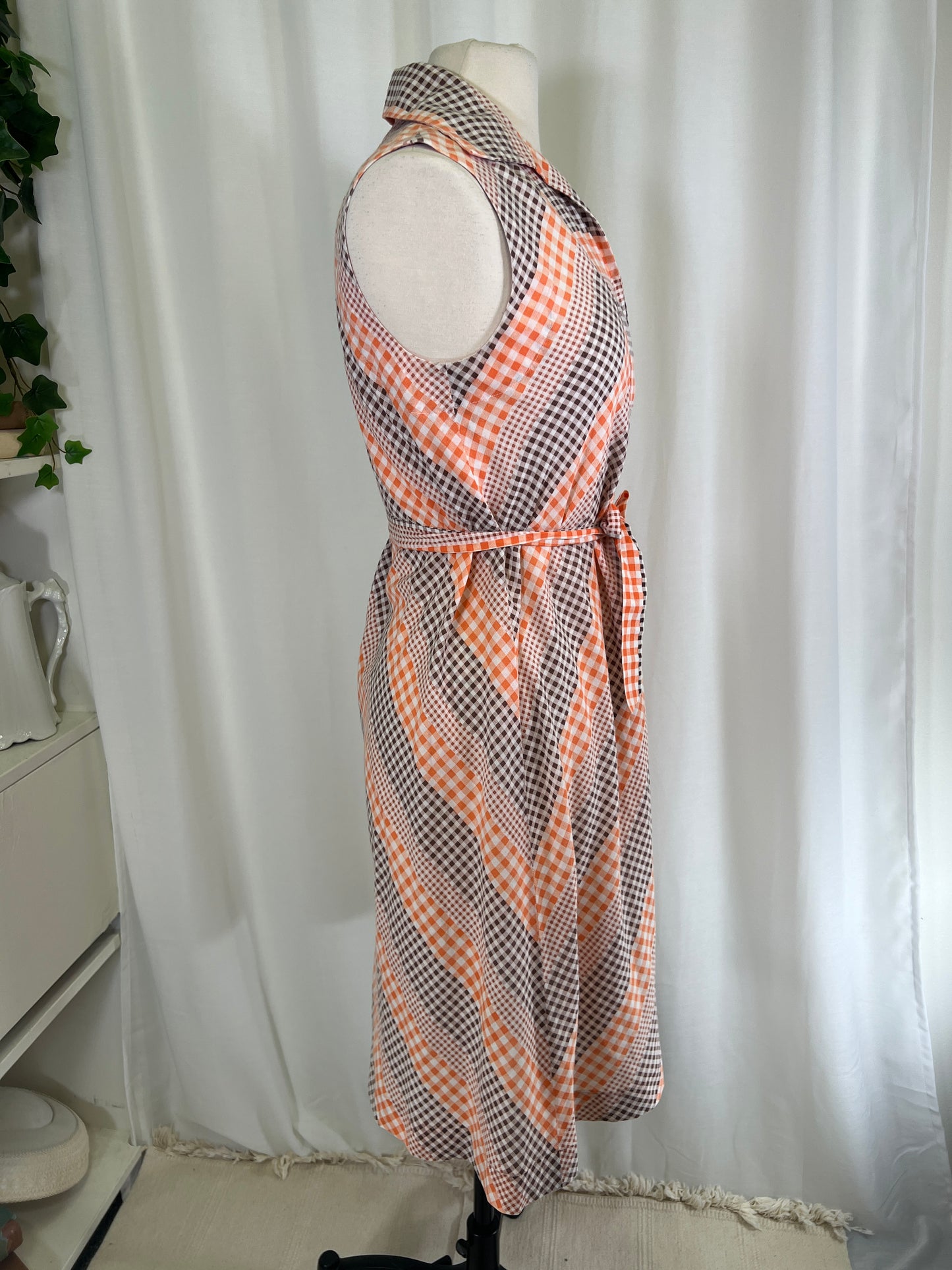 60s Brown and Orange Gingham Chevron House Dress