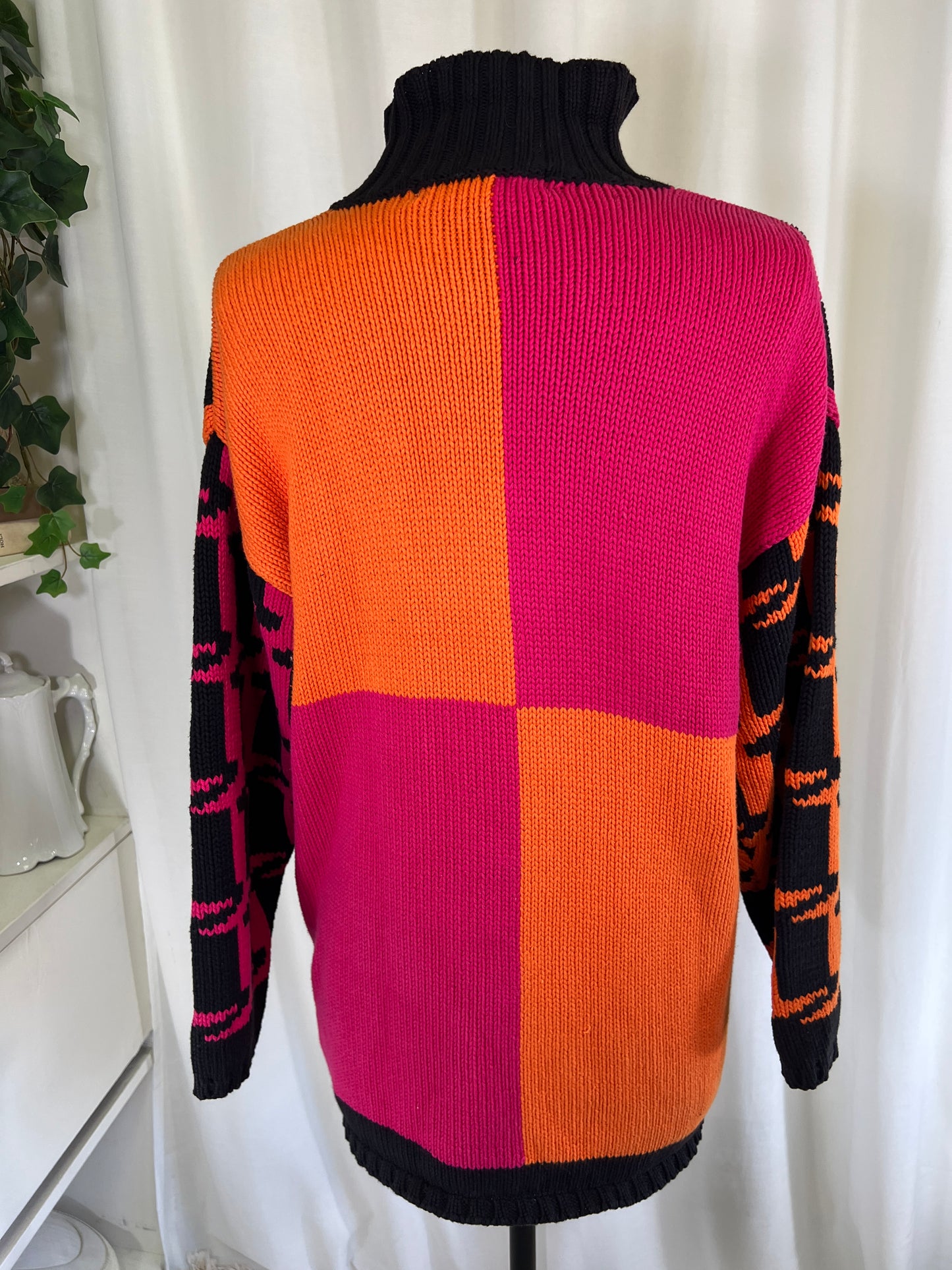 80s New Frontier Neon Orange and Pink Alternating Houndstooth Sweater