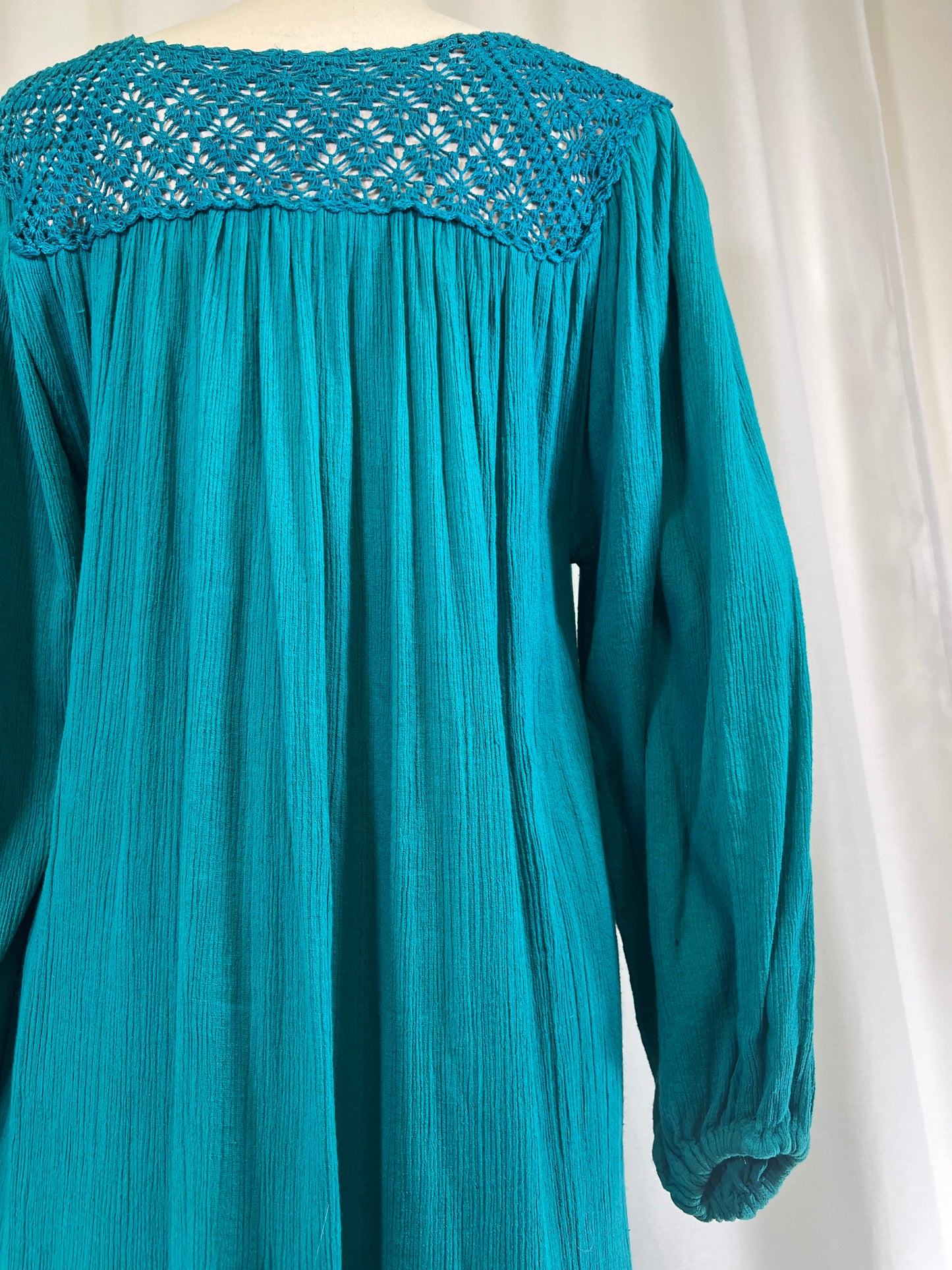 70s Teal Bila Crochet Top Cotton Gauze Maxi Dress