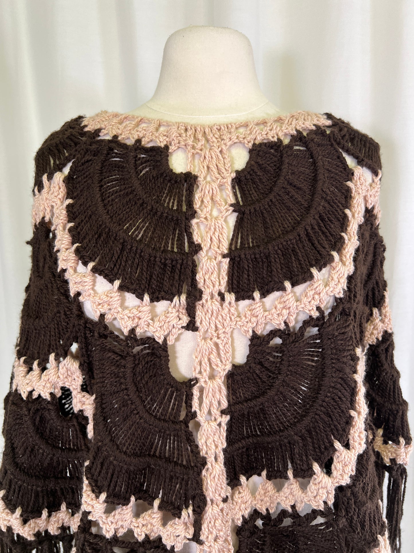 70s Cream and Brown Crochet Fringed Poncho