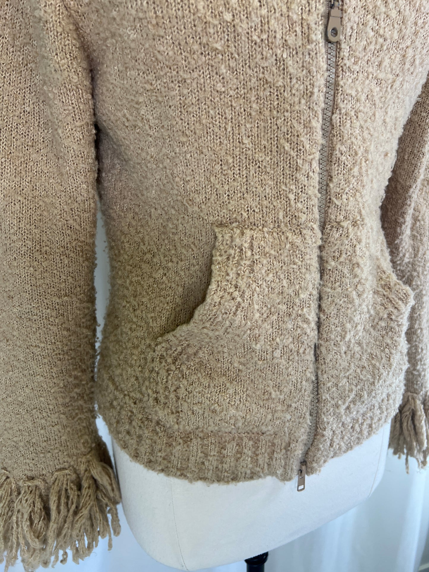 90s Sisters Wool Blend Cream Fringed Zip-up Sweater