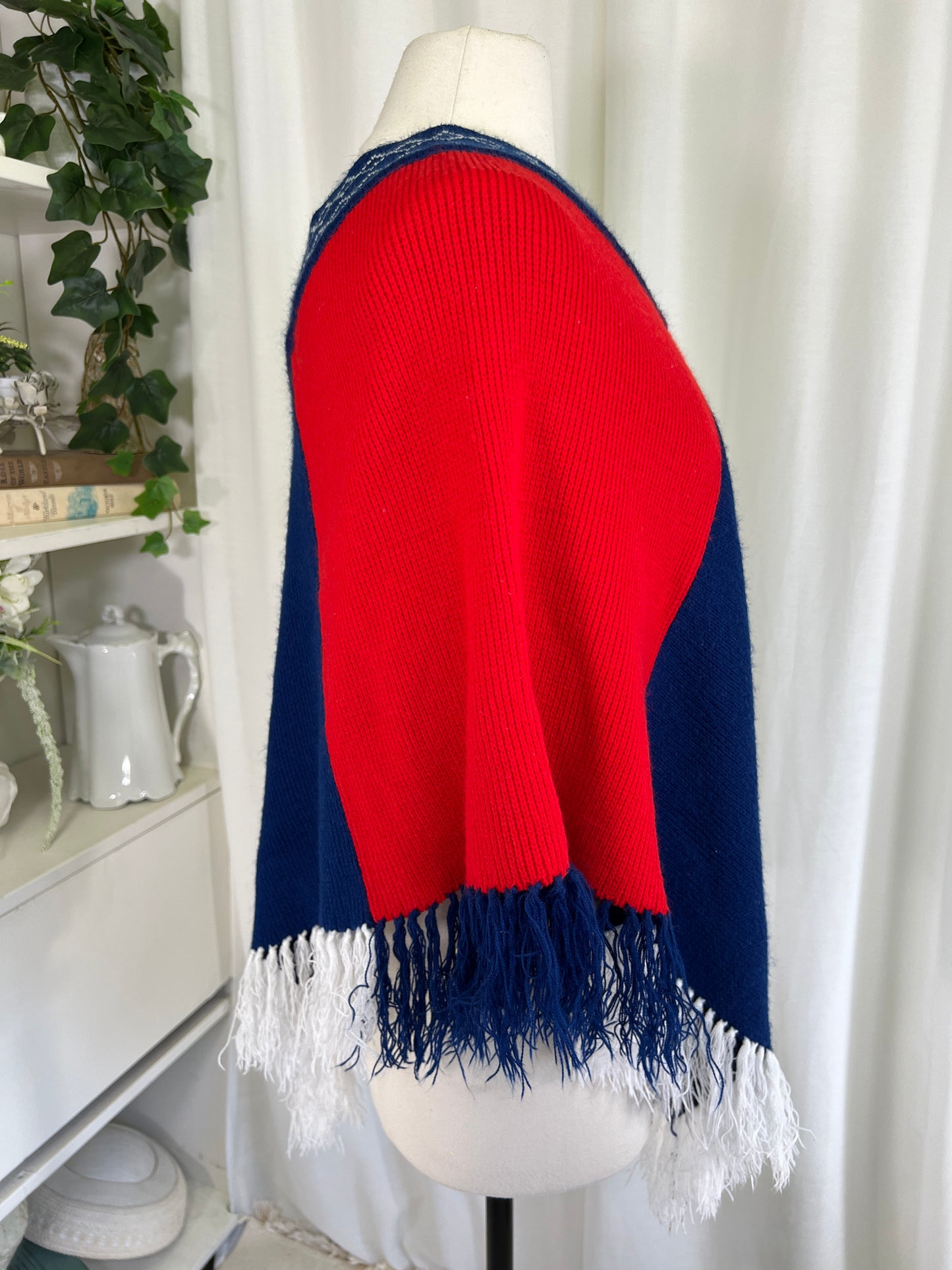 70s Fine Import Red White and Blue Fringed Poncho