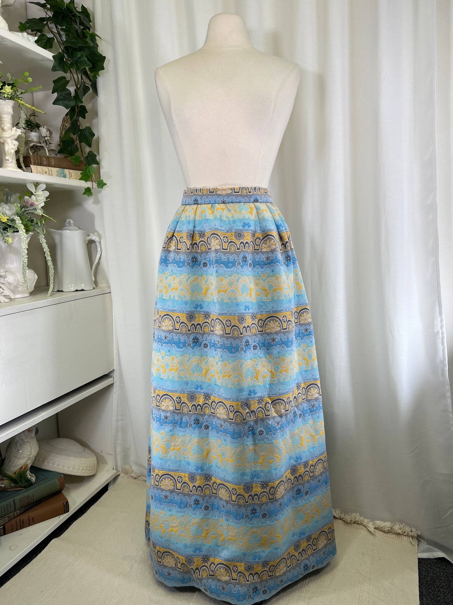 60s Blue and Yellow Abstract Sunny Floral Maxi Skirt