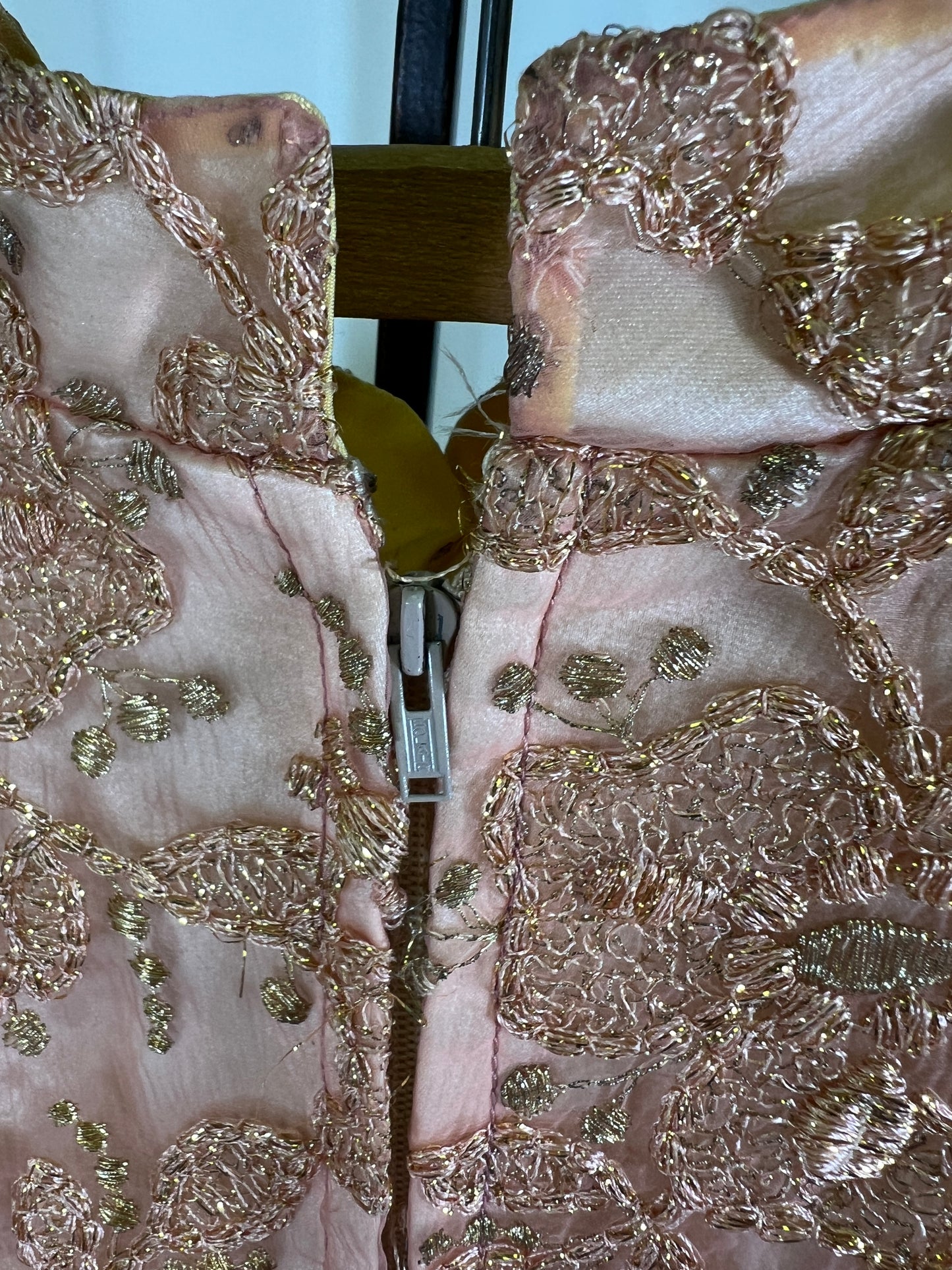 60s Handmade Pink and Gold Lamé Floral Embroidered Maxi Gown