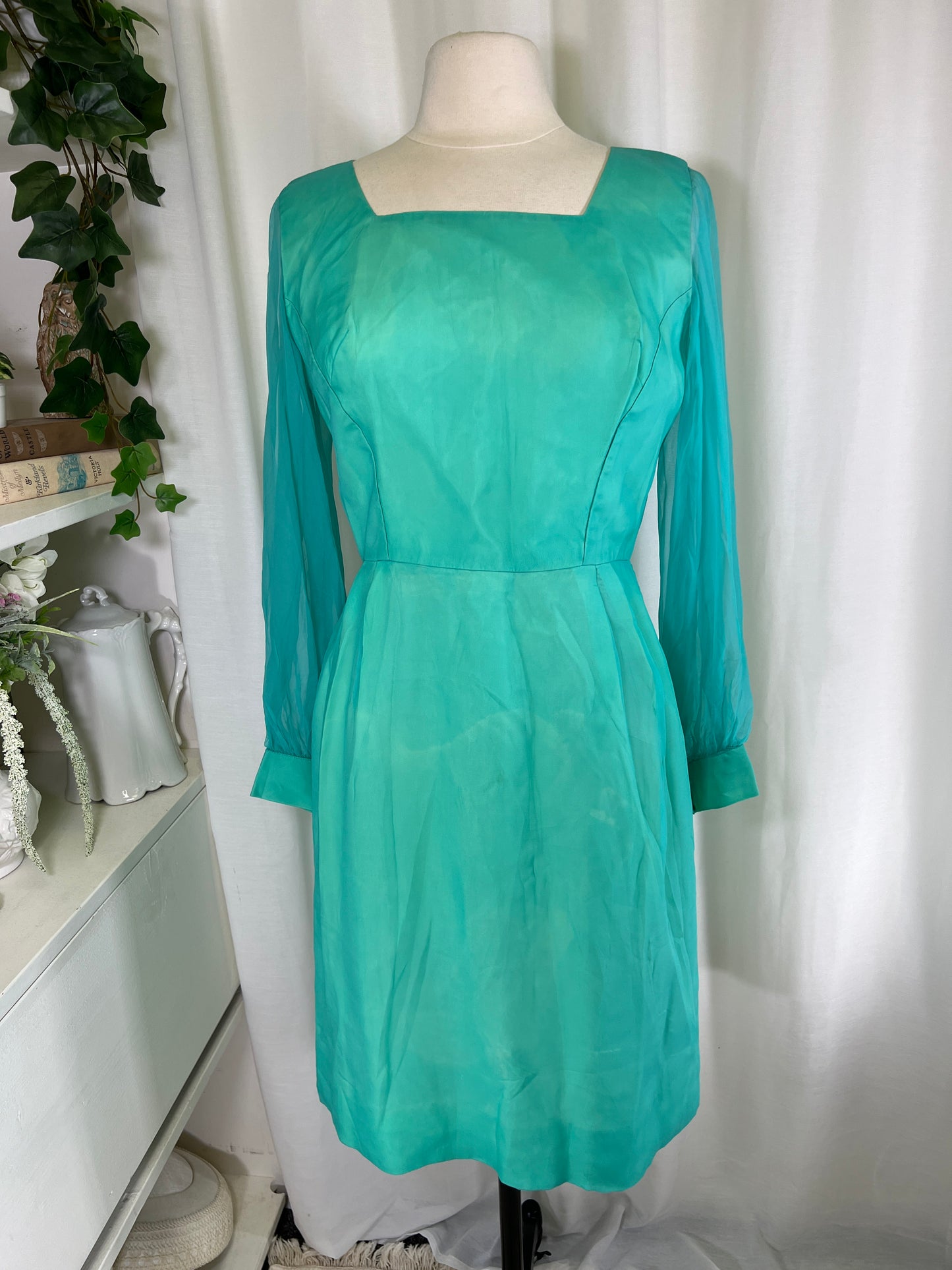 60s Aqua Sheer Sleeved Mini Party Dress