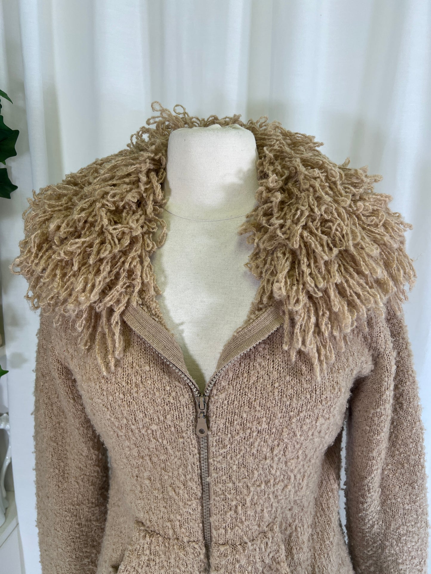 90s Sisters Wool Blend Cream Fringed Zip-up Sweater