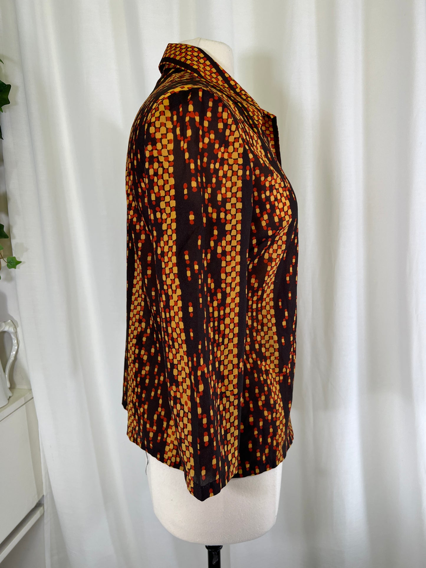 70s Alex Colman Abstract Brown and Orange Dagger Collar Blouse